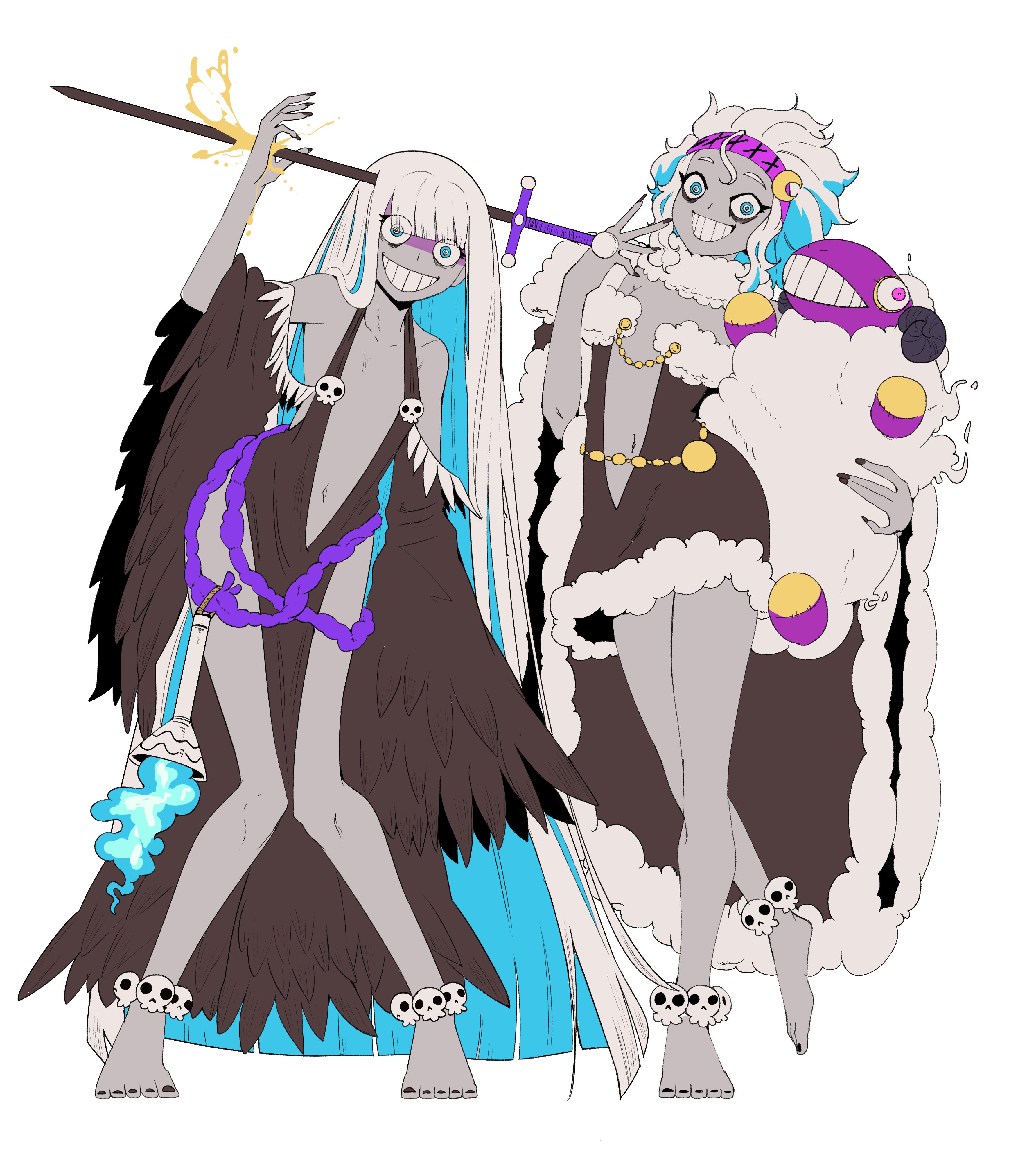 wanderjegson, thanatos (mythology), greek mythology, original, absurdres, highres, 2girls, anklet, arm up, barefoot, belt, black dress, black nails, blue eyes, blue fire, blue hair, blunt bangs, blunt ends, cape, colored inner hair, colored skin, crescent, crescent hair ornament, detached sleeves, dress, feather-trimmed sleeves, fingernails, fire, flat chest, full body, fur-trimmed cape, fur-trimmed dress, fur trim, genderswap, genderswap (mtf), grey skin, grin, hair ornament, hairband, hand to own mouth, hand up, holding, holding stuffed toy, hypnos (mythology), jewelry, knees together feet apart, long fingernails, long hair, looking at viewer, morpheus (mythology), multicolored hair, multiple girls, nail polish, navel, object through head, pelvic curtain, plunging neckline, purple belt, purple hairband, sharp fingernails, sheep, short dress, short hair, siblings, sisters, skull, skull brooch, sleeves past fingers, sleeves past wrists, smile, standing, stuffed animal, stuffed toy, sword, sword in head, toenail polish, toenails, torch, twins, two-tone hair, very long hair, weapon, white hair, wide-eyed, wide sleeves, yellow blood