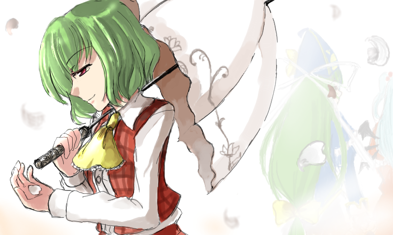 kazami yuuka, mima (touhou), shinki (touhou), touhou, touhou (pc-98), bad id, bad pixiv id, 3girls, ascot, blouse, collared shirt, female focus, green hair, hair bobbles, hair ornament, hat, holding, holding umbrella, light smile, multiple girls, petals, plaid clothes, plaid vest, profile, red eyes, shirt, short hair, umbrella, upper body, vest, white shirt, wizard hat, yellow ascot
