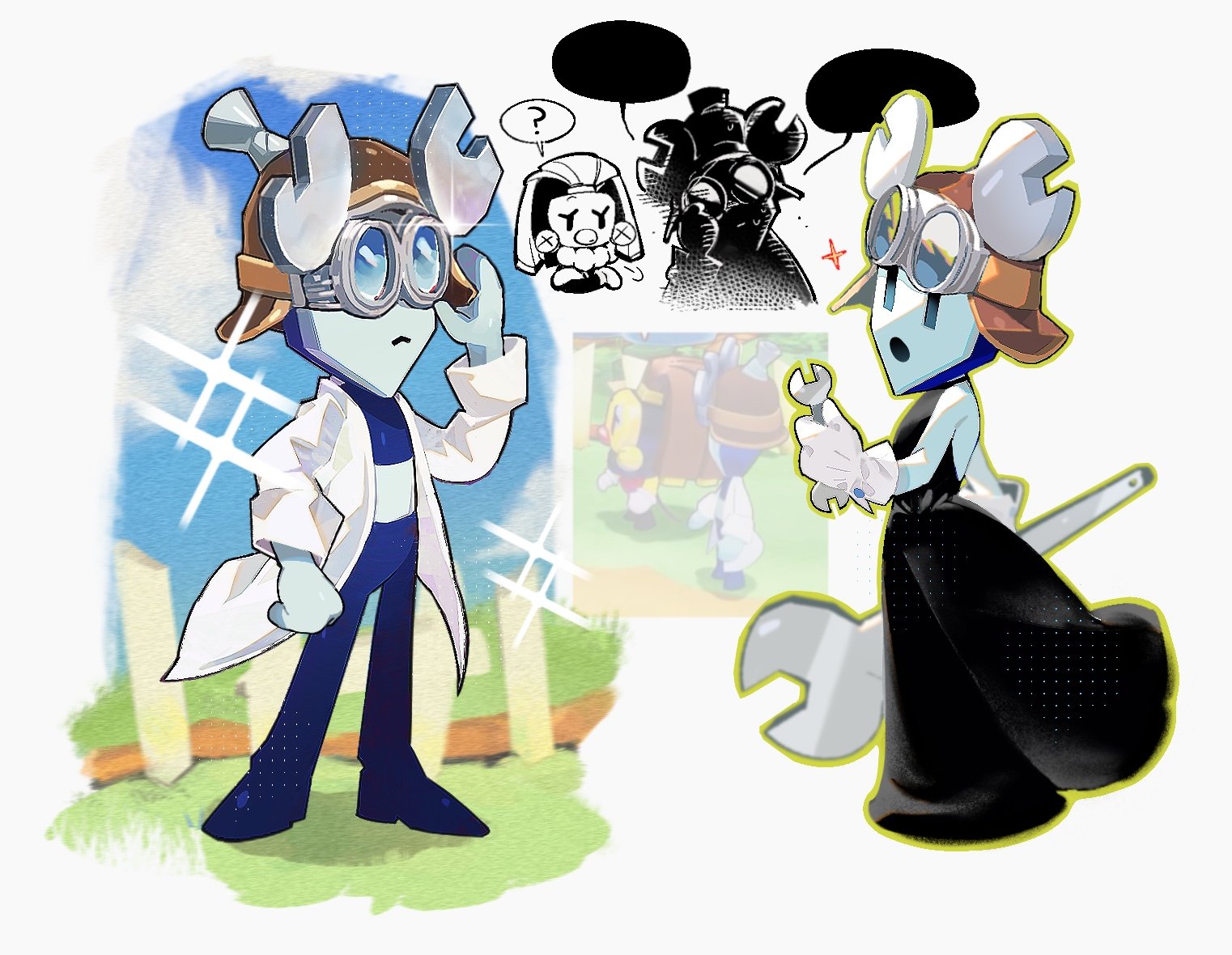 d2k (812404562), adaphne (mario), technikki (mario), mario & luigi: brothership, mario & luigi rpg, mario (series), nintendo, 2girls, ?, black dress, blue skin, colored skin, dress, game screenshot inset, gloves, goggles, holding, holding wrench, lab coat, midriff, multiple girls, multiple views, sparkle, standing, white gloves, wrench