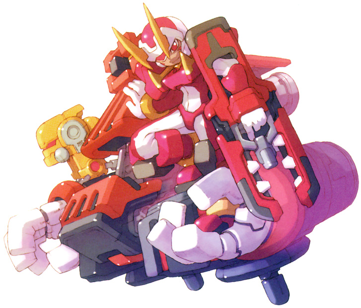 nakayama tooru, fighting fefnir (mega man), capcom, mega man (series), mega man zero (series), official art, 1boy, android, helmet, looking at viewer, machinery, male focus, red eyes, shaded face, simple background, solo, spikes, white background