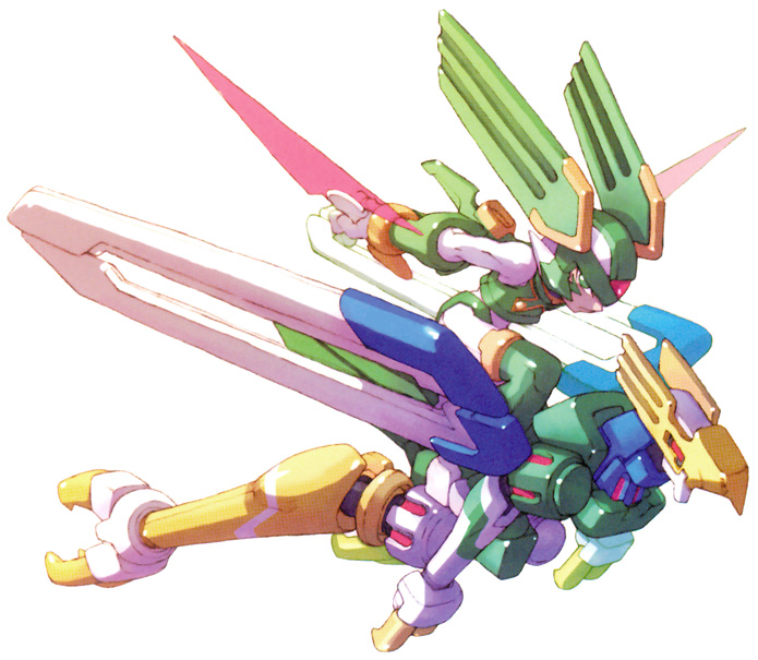 nakayama tooru, aztec falcon (mega man), sage harpuia (mega man), capcom, mega man (series), mega man zero (series), official art, 1boy, android, arms behind back, flying, helmet, machinery, male focus, outstretched arms, shaded face, simple background, solo, white background