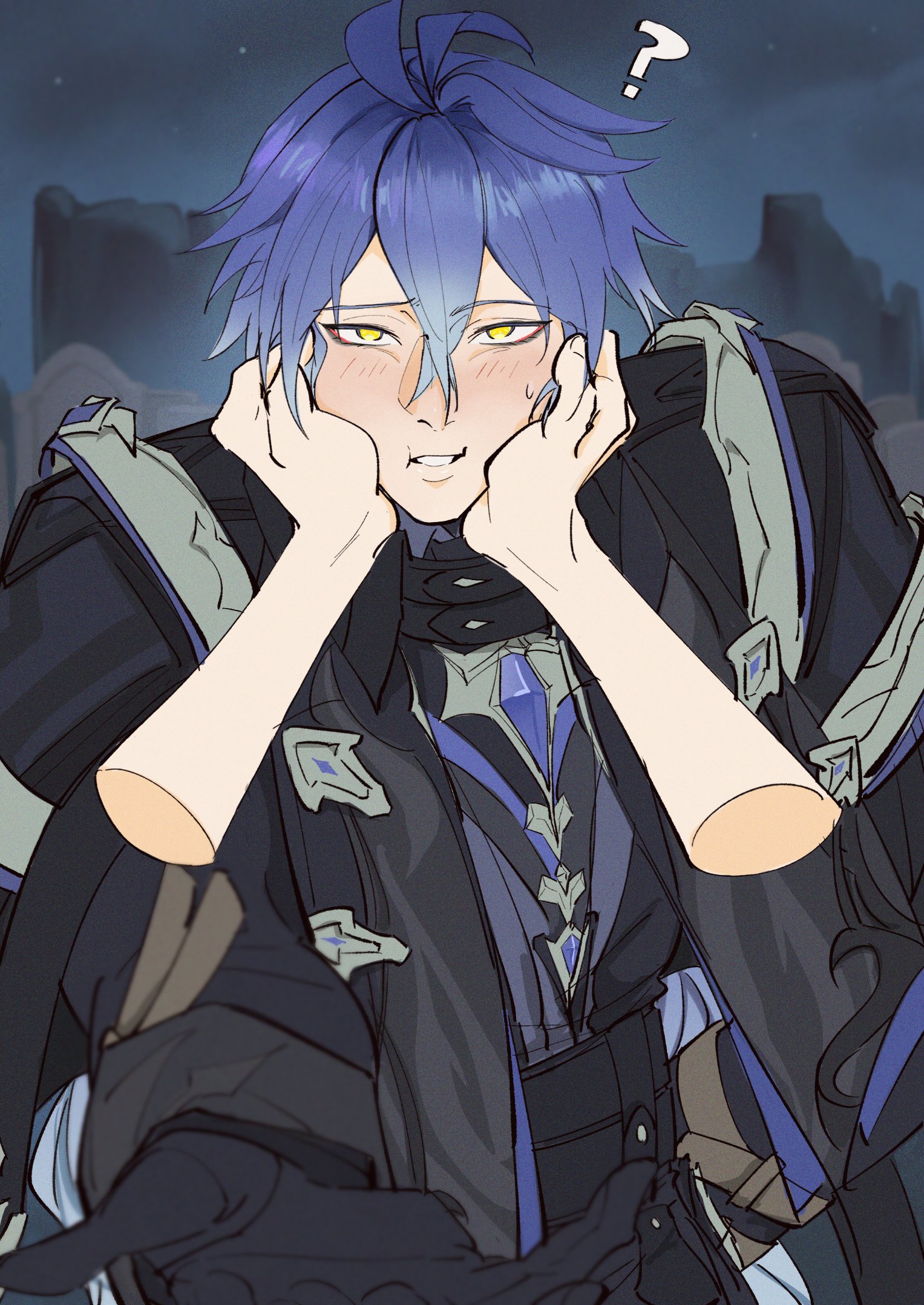 flins (genshin impact), genshin impact, commentary, english commentary, highres, 1boy, 1other, ?, ahoge, black coat, black gloves, blue gemstone, blue hair, blurry, blurry background, blush, coat, collared coat, eyeliner, gem, gloves, gradient hair, hair between eyes, hands on another's cheeks, hands on another's face, huge ahoge, leaning forward, long hair, long sleeves, looking at viewer, makeup, multicolored hair, night, night sky, outdoors, parted lips, pov, pov hands, qqkiqki, reaching, reaching towards viewer, red eyeliner, sky, squishing, standing, sweatdrop, teeth, triple ahoge, yellow eyes