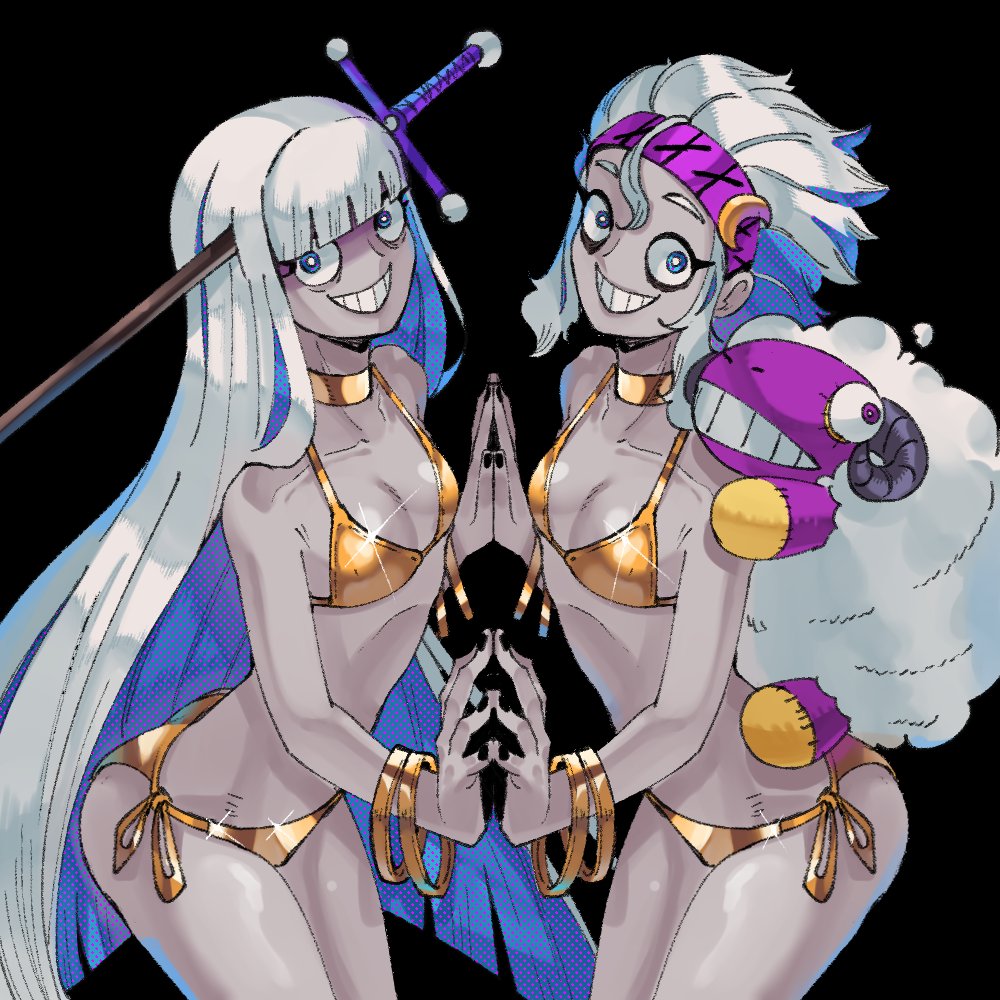 wanderjegson, thanatos (mythology), greek mythology, original, 2girls, alternate costume, bikini, black background, black nails, blue eyes, blue hair, blunt bangs, blunt ends, bracelet, colored inner hair, colored skin, cowboy shot, crescent, crescent hair ornament, flat chest, genderswap, genderswap (mtf), glint, gold bikini, gold bracelet, gold choker, grey skin, grin, hair ornament, hairband, hypnos (mythology), jewelry, long hair, looking at viewer, morpheus (mythology), multicolored hair, multiple bracelets, multiple girls, nail polish, object through head, palms together, purple hairband, sheep, short hair, siblings, skinny, smile, stuffed animal, stuffed toy, swimsuit, sword, sword in head, symmetrical hand pose, symmetrical pose, twins, two-tone hair, very long hair, weapon, white hair, wide-eyed
