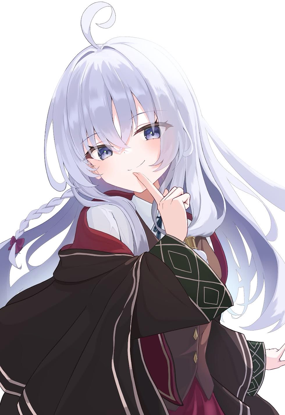 elaina (majo no tabitabi), majo no tabitabi, highres, 1girl, brown robe, brown vest, finger to mouth, grey eyes, grey hair, hair between eyes, index finger raised, long hair, looking at viewer, nz taku, robe, shirt, simple background, solo, vest, white background, white shirt, witch