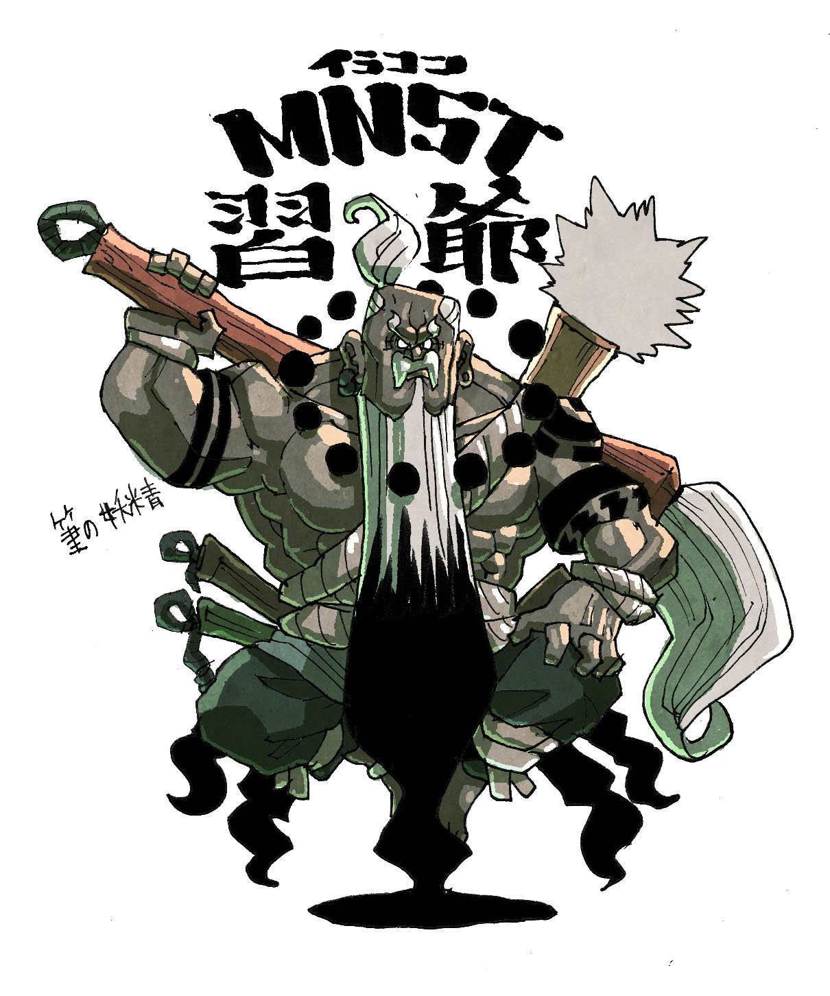 takeuchi ryousuke, monster strike, original, commentary request, highres, 1boy, abs, beard, facial hair, full body, grandpa xi (takeuchi ryousuke), holding, holding brush, long beard, male focus, muscular, muscular male, mustache, old, old man, ponytail, solo, white hair