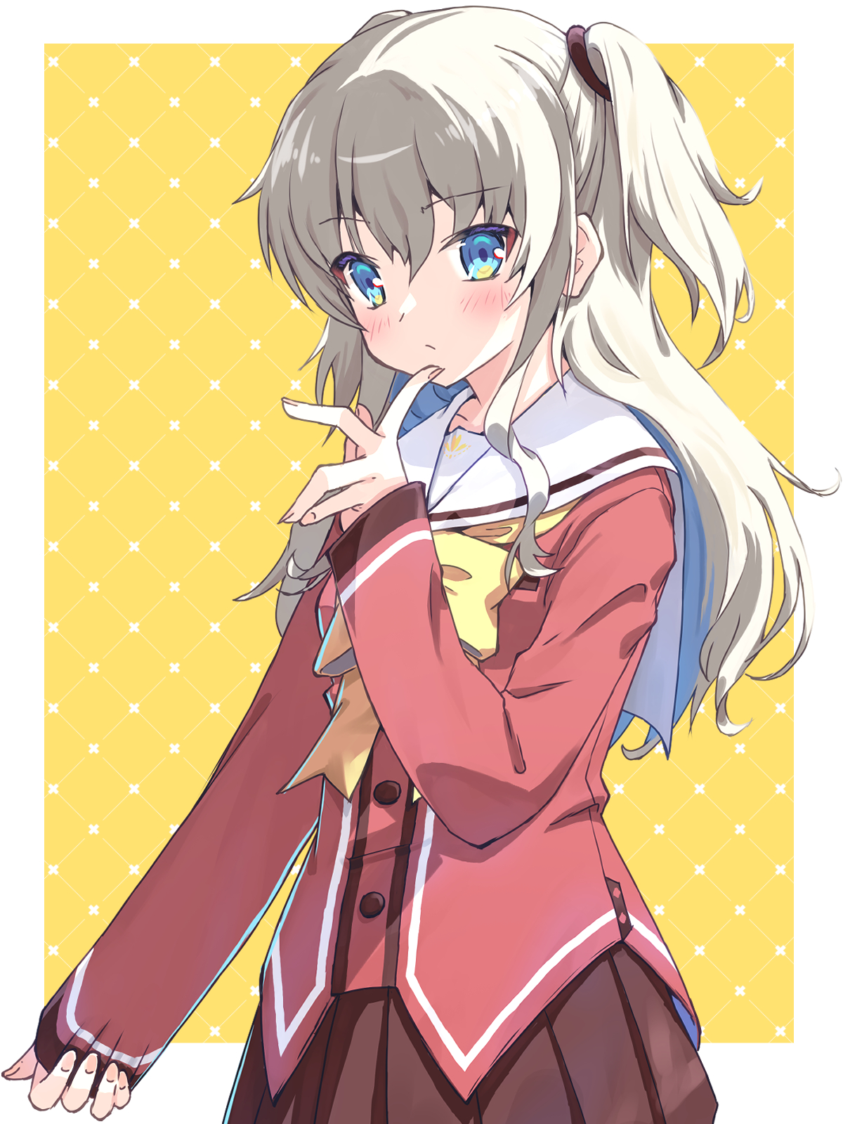 akayama yukihe, tomori nao, charlotte (anime), commentary, highres, revision, 1girl, :/, blue eyes, blush, border, bow, bowtie, brown skirt, closed mouth, cowboy shot, frown, grey hair, hair between eyes, hand up, hoshinoumi academy school uniform, long hair, long sleeves, looking at viewer, outside border, pleated skirt, red shirt, sailor collar, school uniform, serafuku, shirt, simple background, skirt, sleeves past wrists, solo, two side up, white border, white sailor collar, winter uniform, yellow background, yellow bow, yellow bowtie