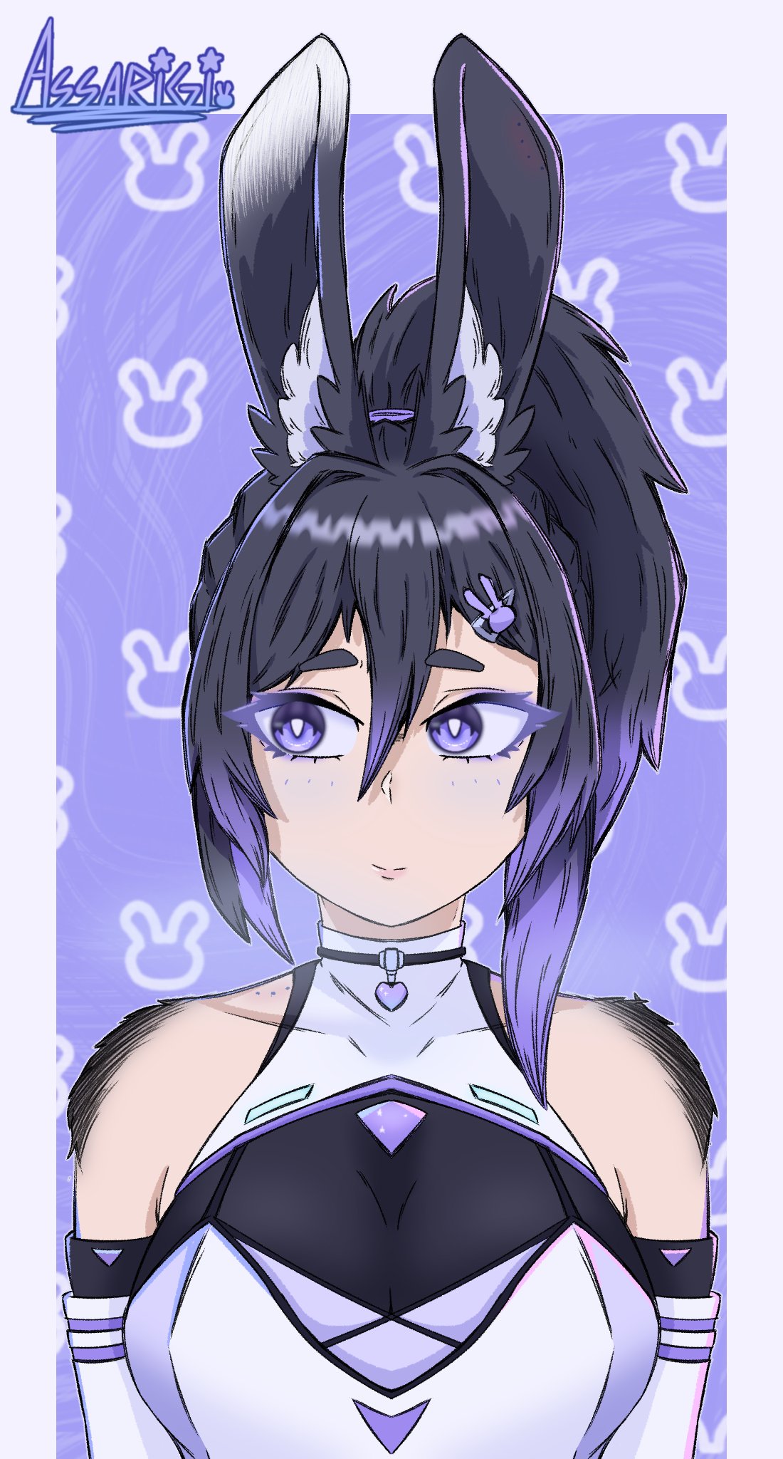 highres, 1girl, animal ears, assa (character), assarigi, black gloves, black hair, black leotard, blush, bright pupils, collar, cover, gloves, hair ornament, hairpin, heart collar, leotard, playboy bunny, purple background, purple eyes, purple hair, rabbit ears, rabbit girl, signature, thick eyebrows