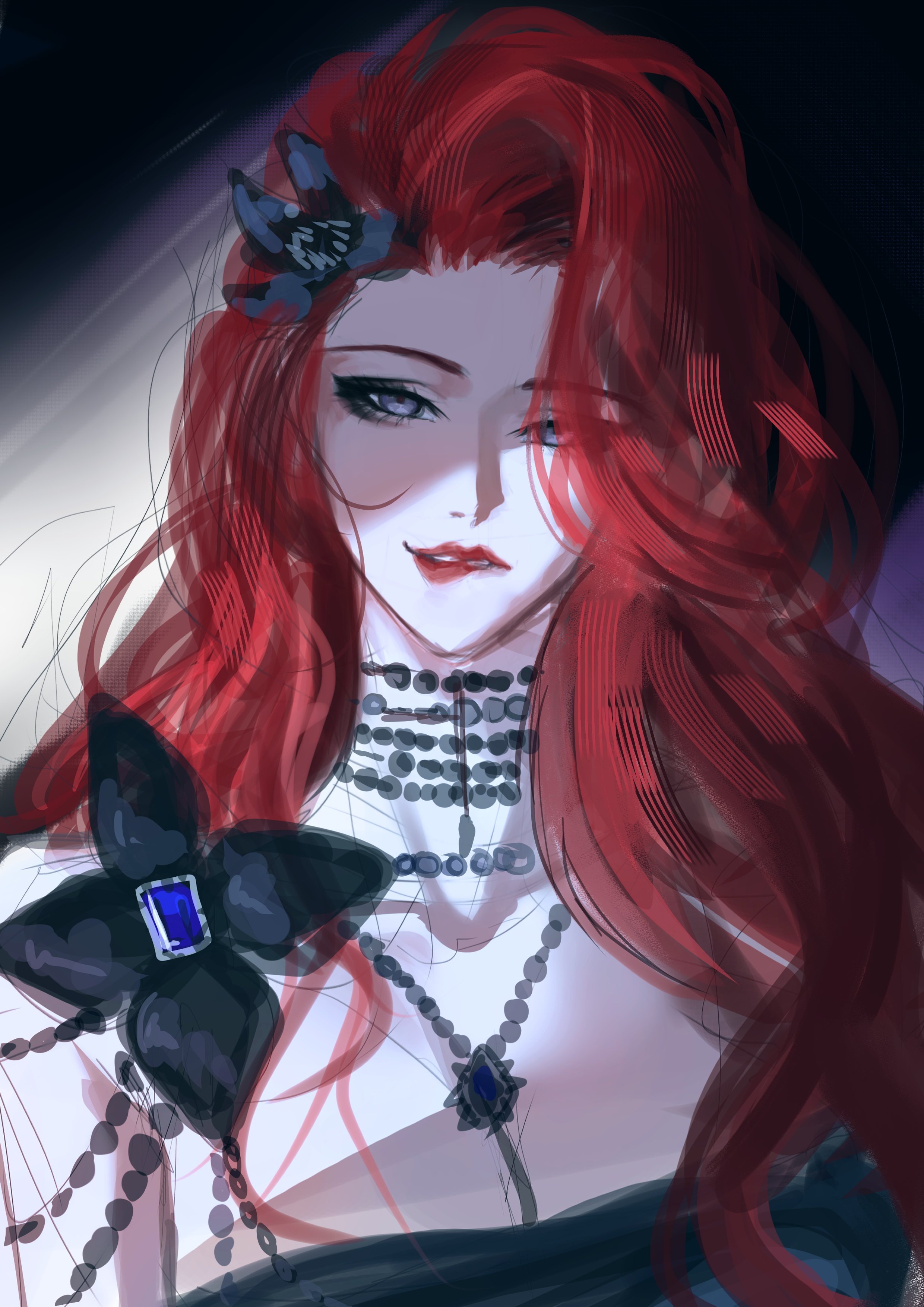 rythron4, cabernet (path to nowhere), path to nowhere, absurdres, commentary, hashtag-only commentary, highres, 1girl, bare shoulders, biting own lip, black flower, black pearl, blue eyes, carnivorous plant, curtained hair, eyes in shadow, flower, forehead, hair flower, hair ornament, hair over one eye, jewelry, looking at viewer, multiple necklaces, necklace, parted lips, pearl necklace, red hair, red lips, solo, straight-on, swept bangs, upper body