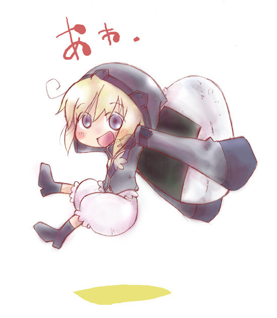kasuga yuuki, wildrabbit, bad id, bad pixiv id, 1girl, beanie, blonde hair, bloomers, blue eyes, chibi, female focus, food, hat, mini person, minigirl, onigiri, solo, underwear, white bloomers