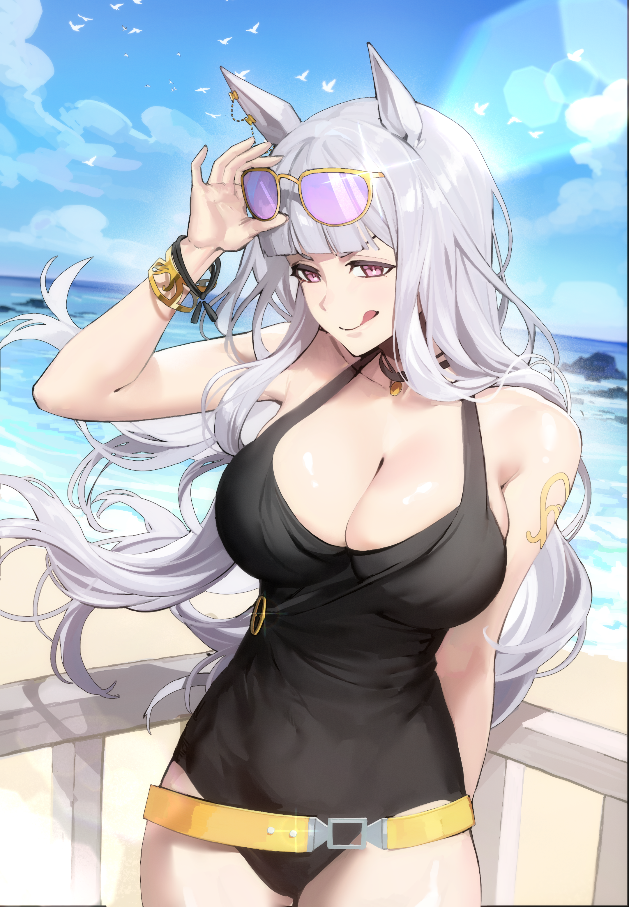 yakool, gold ship (run revolt launcher) (umamusume), gold ship (umamusume), umamusume, absurdres, commentary, highres, 1girl, :q, animal ears, beard, black one-piece swimsuit, blunt bangs, bracelet, breasts, casual one-piece swimsuit, cleavage, eyewear on head, facial hair, floating hair, grey hair, horizon, horse ears, horse girl, horse tail, jewelry, large breasts, long hair, looking at viewer, multiple bracelets, ocean, official alternate costume, one-piece swimsuit, outdoors, purple-tinted eyewear, solo, standing, swimsuit, tail, thighs, tinted eyewear, tongue, tongue out, water, white hair, yellow-framed eyewear