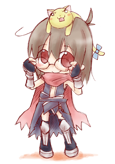 kasuga yuuki, wildrabbit, assassin (ragnarok online), ragnarok online, bad id, bad pixiv id, 1girl, adjusting eyewear, assassin, brown hair, cape, cat, chibi, female focus, glasses, red eyes, solo