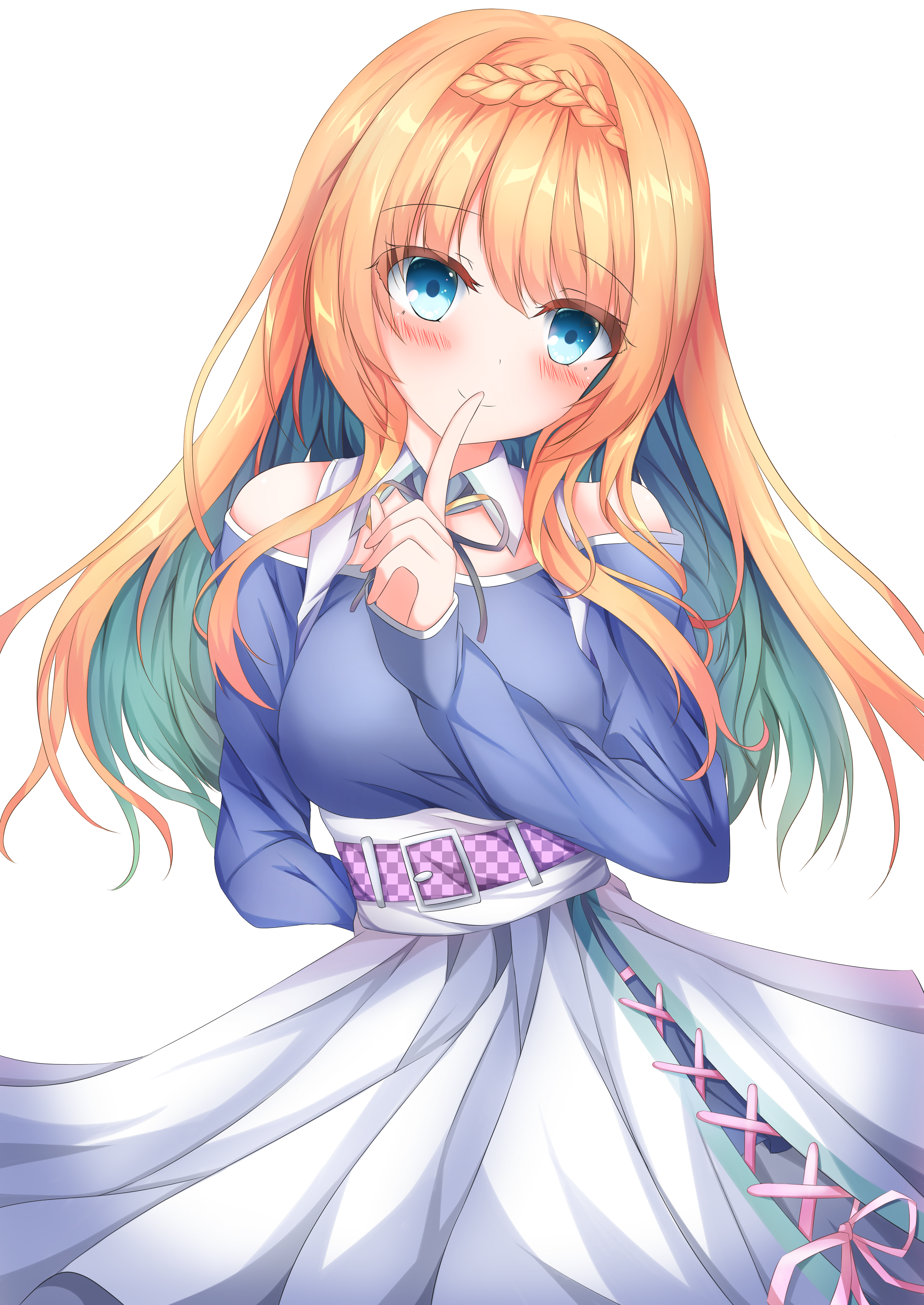 koyo aki (vtvd5277), kido tsubasa, parquet (yuzusoft), absurdres, commentary, highres, 1girl, aqua hair, arm behind back, bare shoulders, belt, blonde hair, blue eyes, blue shirt, blush, braid, breasts, checkered belt, closed mouth, collarbone, colored inner hair, cowboy shot, crown braid, detached collar, eyelashes, eyes visible through hair, finger to mouth, floating hair, grey ribbon, hair between eyes, hand up, happy, high-waist skirt, index finger raised, large breasts, long hair, long sleeves, looking at viewer, multicolored hair, neck ribbon, off-shoulder shirt, off shoulder, purple belt, ribbon, shirt, sidelocks, simple background, skirt, smile, solo, two-tone hair, very long hair, white background, white skirt