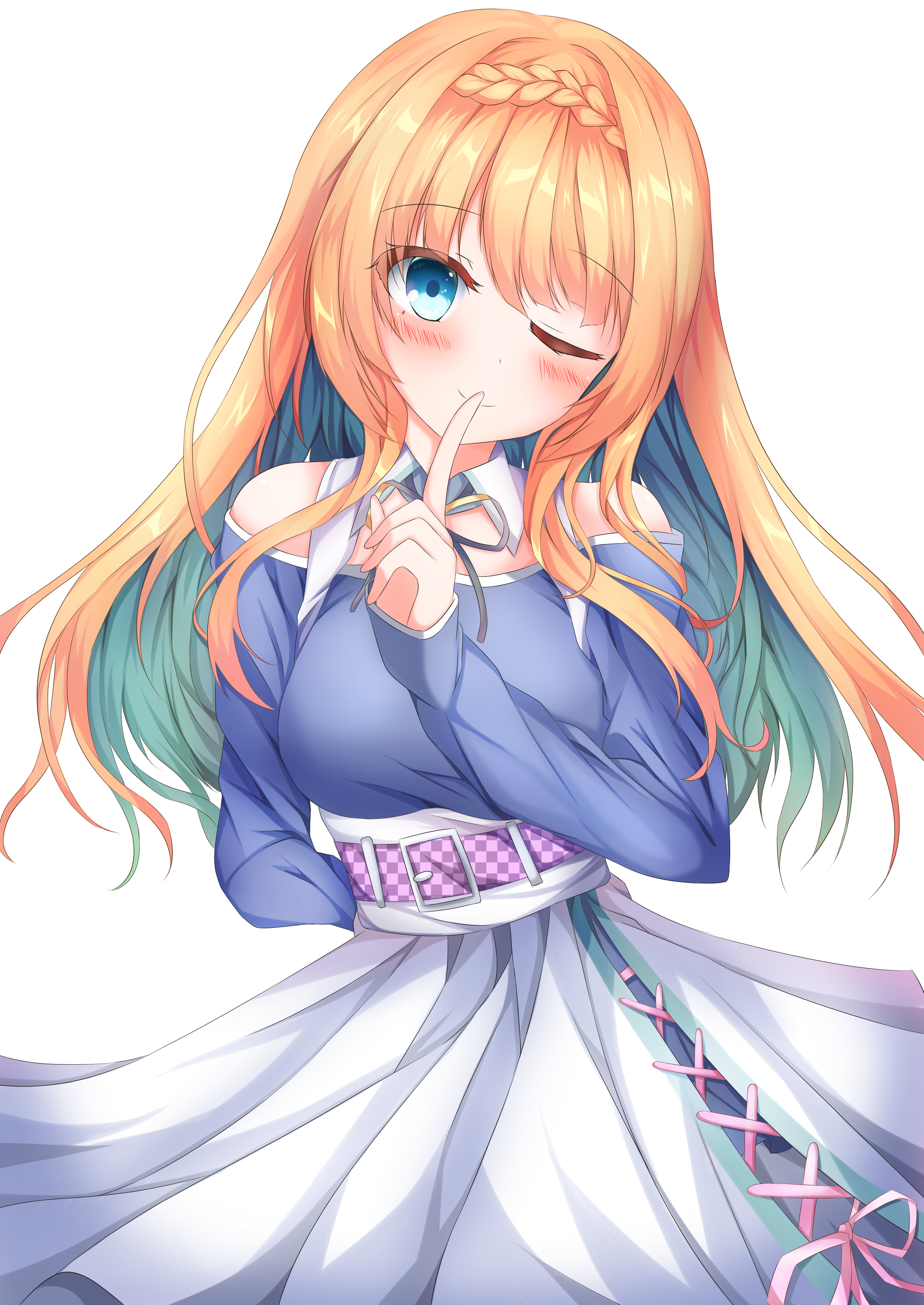 koyo aki (vtvd5277), kido tsubasa, parquet (yuzusoft), absurdres, commentary, highres, 1girl, ;), aqua hair, arm behind back, bare shoulders, belt, blonde hair, blue eyes, blue shirt, blush, braid, breasts, checkered belt, closed mouth, collarbone, colored inner hair, cowboy shot, crown braid, detached collar, eyelashes, eyes visible through hair, finger to mouth, floating hair, grey ribbon, hair between eyes, hand up, happy, high-waist skirt, index finger raised, large breasts, long hair, long sleeves, looking at viewer, multicolored hair, neck ribbon, off-shoulder shirt, off shoulder, one eye closed, purple belt, ribbon, shirt, sidelocks, simple background, skirt, smile, solo, two-tone hair, very long hair, white background, white skirt