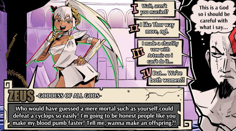 wanderjegson, kratos (god of war), zeus (mythology), god of war, greek mythology, original, 1boy, 1girl, ancient greek clothes, arm guards, bald, breasts, character name, chest sarashi, cleavage, colored eyelashes, colored skin, crossover, dark-skinned female, dark skin, dialogue box, dialogue options, drop shadow, english text, facepaint, facial hair, fake screenshot, genderswap, genderswap (mtf), greco-roman clothes, grey skin, half-closed eyes, hand on own hip, hand to own mouth, hand up, indoors, laurel crown, long hair, open mouth, parody, pillar, ponytail, sarashi, scar, scar across eye, scar on face, serious, smile, speech bubble, teeth, thick eyebrows, thought bubble, toga, upper teeth only, v-shaped eyebrows, visual novel, white hair, yellow eyes