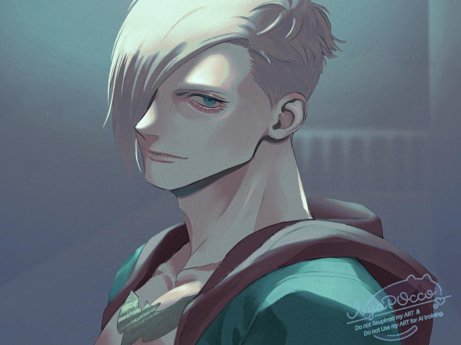 ed (street fighter), street fighter, street fighter 6, commentary, english commentary, 1boy, adam's apple, aqua eyes, blonde hair, blue jacket, closed mouth, collarbone, eyelashes, from side, hair over one eye, hood, hood down, hooded jacket, jacket, jewelry, light smile, male focus, necklace, nyapocco, one eye covered, open clothes, open jacket, red hood, short hair, solo, watermark