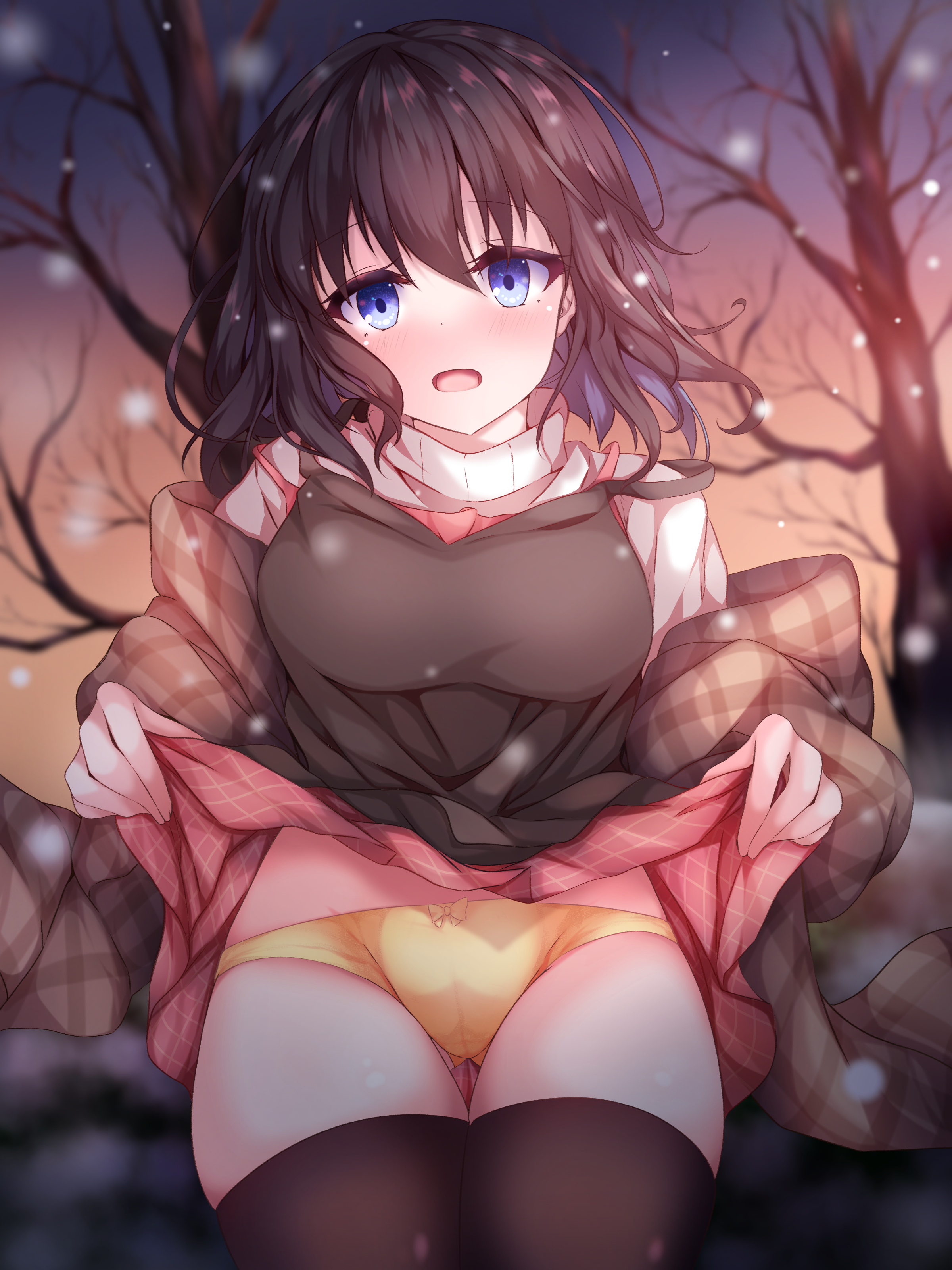 koyo aki (vtvd5277), misaka shiori, kanon, absurdres, commentary, commission, highres, pixiv commission, 1girl, bare tree, black dress, black hair, black thighhighs, blue eyes, blurry, blurry background, blush, bow, bow panties, brown shawl, cameltoe, clothes lift, cowboy shot, dress, eyelashes, floating hair, gluteal fold, groin, lifting own clothes, looking at viewer, medium hair, miniskirt, open mouth, outdoors, panties, plaid clothes, plaid shawl, plaid skirt, red skirt, shawl, skirt, skirt lift, sleeveless, sleeveless dress, snowing, solo, strap slip, sunset, sweater, thigh gap, thighhighs, thighs, tree, turtleneck, turtleneck sweater, underwear, white bow, white sweater, winter, yellow panties