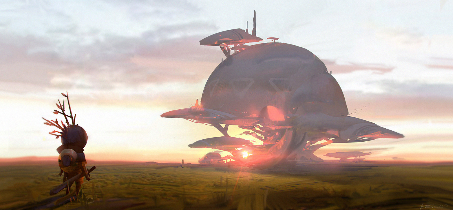 ben lo, 1other, branch, building, growing out of body, knighthood, lens flare, onion (knighthood), plain, scenery, shield, standing, sunset, sword, weapon
