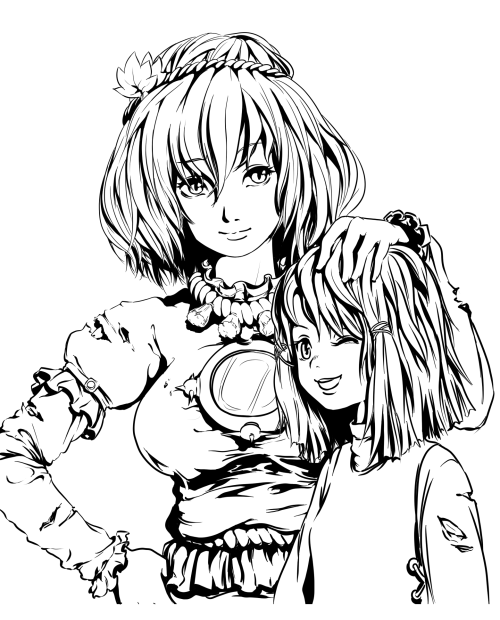 babalilo, moriya suwako, yasaka kanako, touhou, bad id, bad pixiv id, 2girls, breasts, female focus, greyscale, monochrome, multiple girls, ribbon, rope, smile, upper body, white background