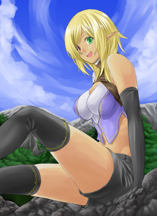 unowen, original, 1girl, blonde hair, day, elbow gloves, female focus, gloves, heterochromia, midriff, pointy ears, shorts, sky, smile, solo, thighhighs, tree