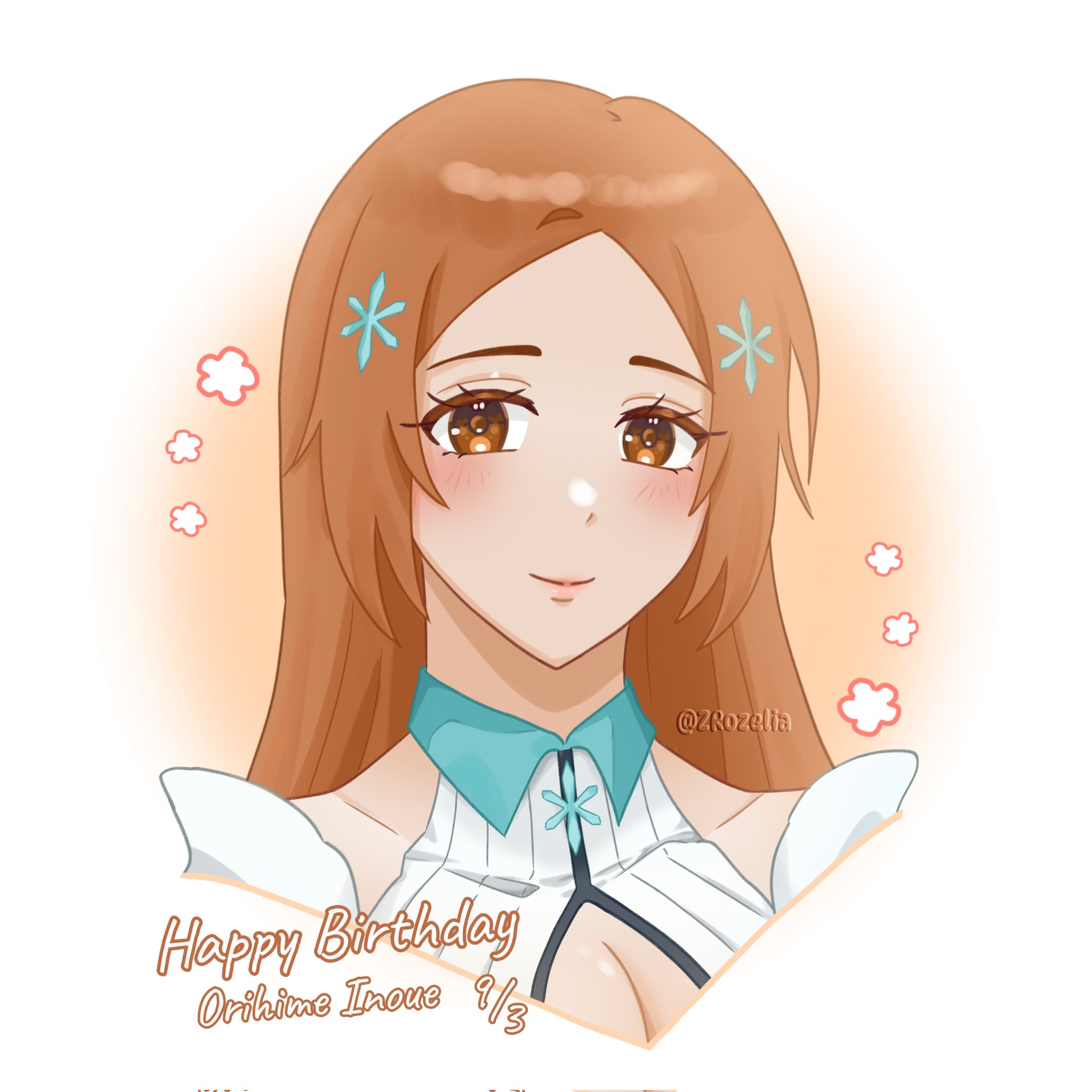 inoue orihime, bleach, bleach: sennen kessen-hen, tagme, 1girl, breasts, brown eyes, cleavage, cleavage cutout, clothing cutout, hair ornament, long hair, orange hair