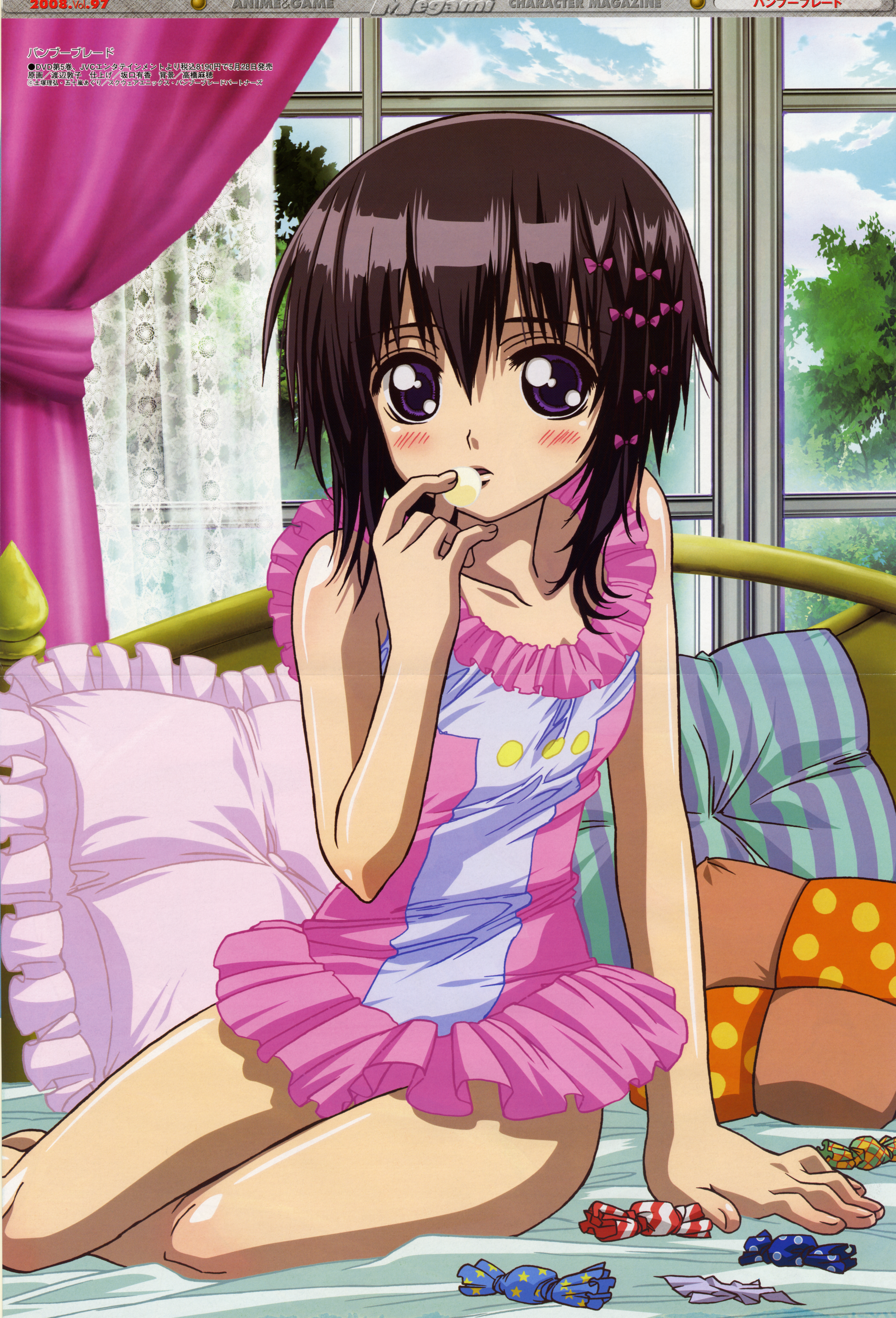 kawazoe tamaki, bamboo blade, absurdres, highres, 00s, 1girl, alternate hair color, blush, brown hair, female focus, indoors, looking at viewer, purple eyes, short hair, solo