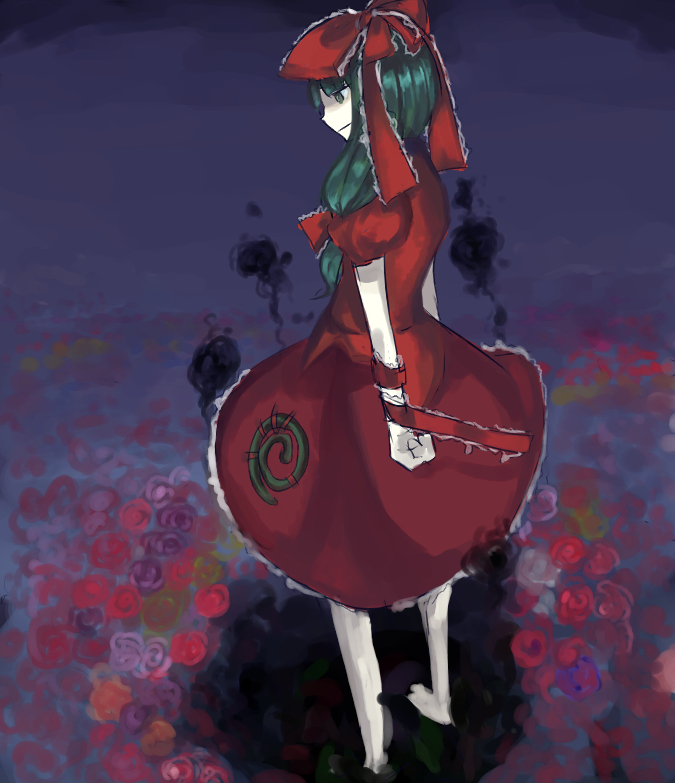 aya (min412), kagiyama hina, touhou, bad id, bad pixiv id, 1girl, barefoot, female focus, front ponytail, green hair, ribbon, solo