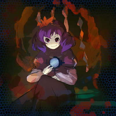 weee (raemz), yasaka kanako, touhou, bad id, bad pixiv id, lowres, 1girl, black background, female focus, leaf, purple hair, rope, shimenawa, solo