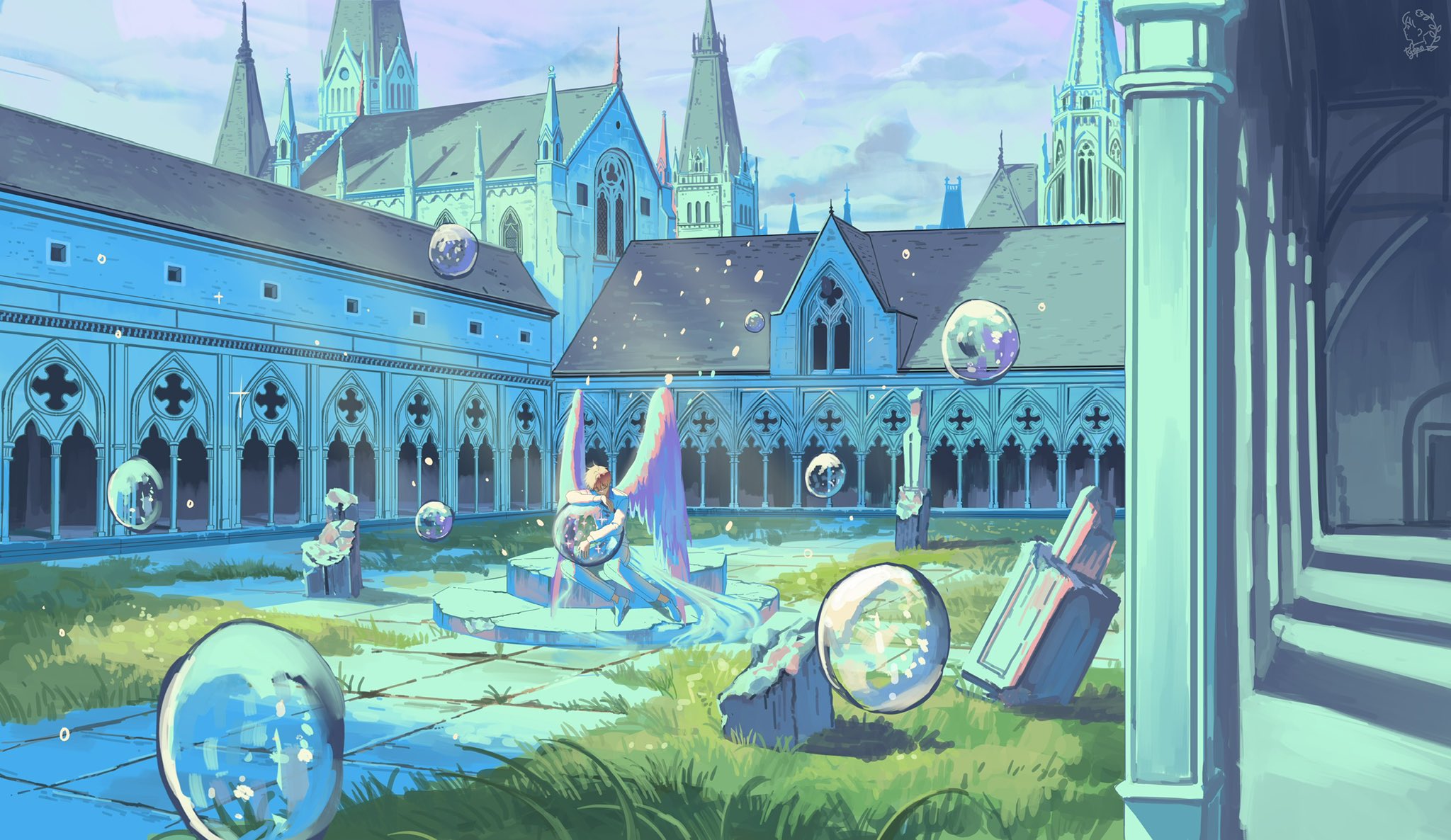 ryepe, original, highres, 1boy, angel wings, architecture, bubble, church, closed eyes, column, courtyard, full body, gothic architecture, grass, hugging object, light particles, light rays, long sleeves, outdoors, pillar, shirt, sitting, solo, white shirt, wings