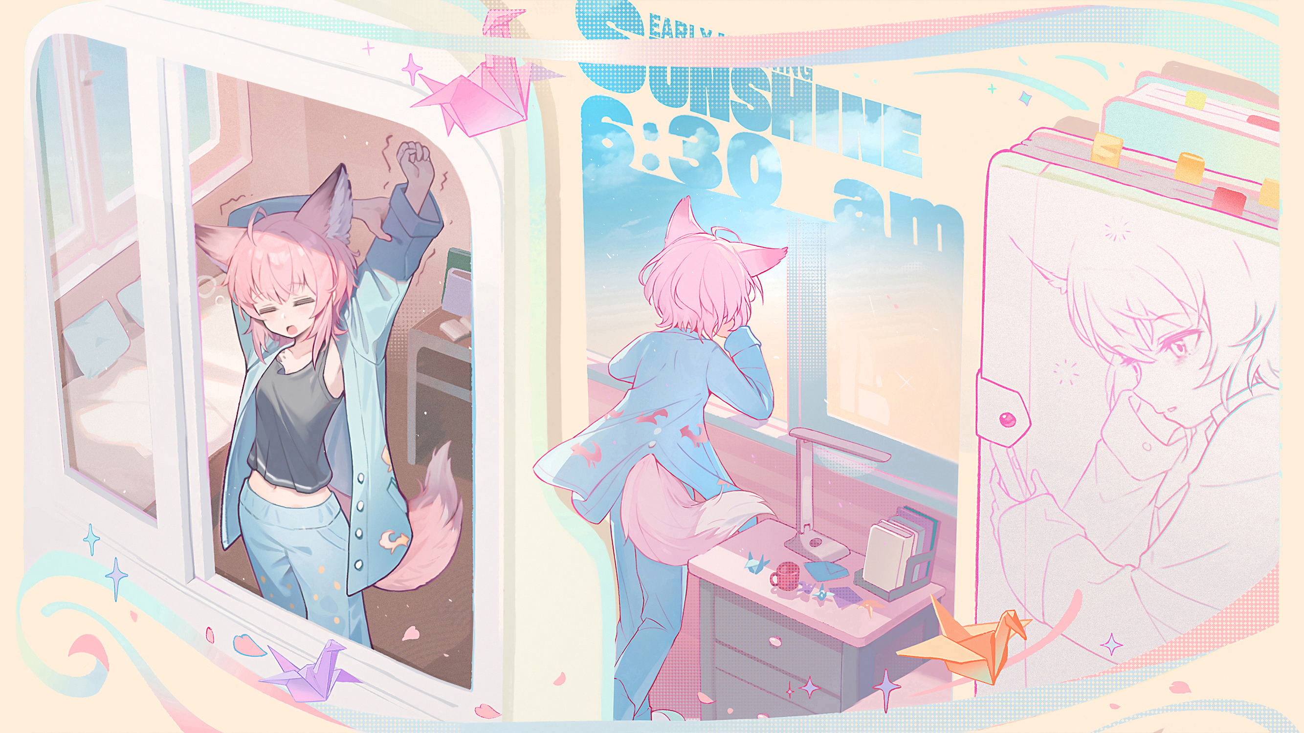 karoro, sussurro (arknights), arknights, highres, 1girl, animal ears, black camisole, blue pajamas, blue pants, blue shirt, camisole, fox ears, fox girl, fox tail, long sleeves, multiple views, navel, open mouth, origami, pajamas, pants, paper crane, pink hair, shirt, short hair, tail