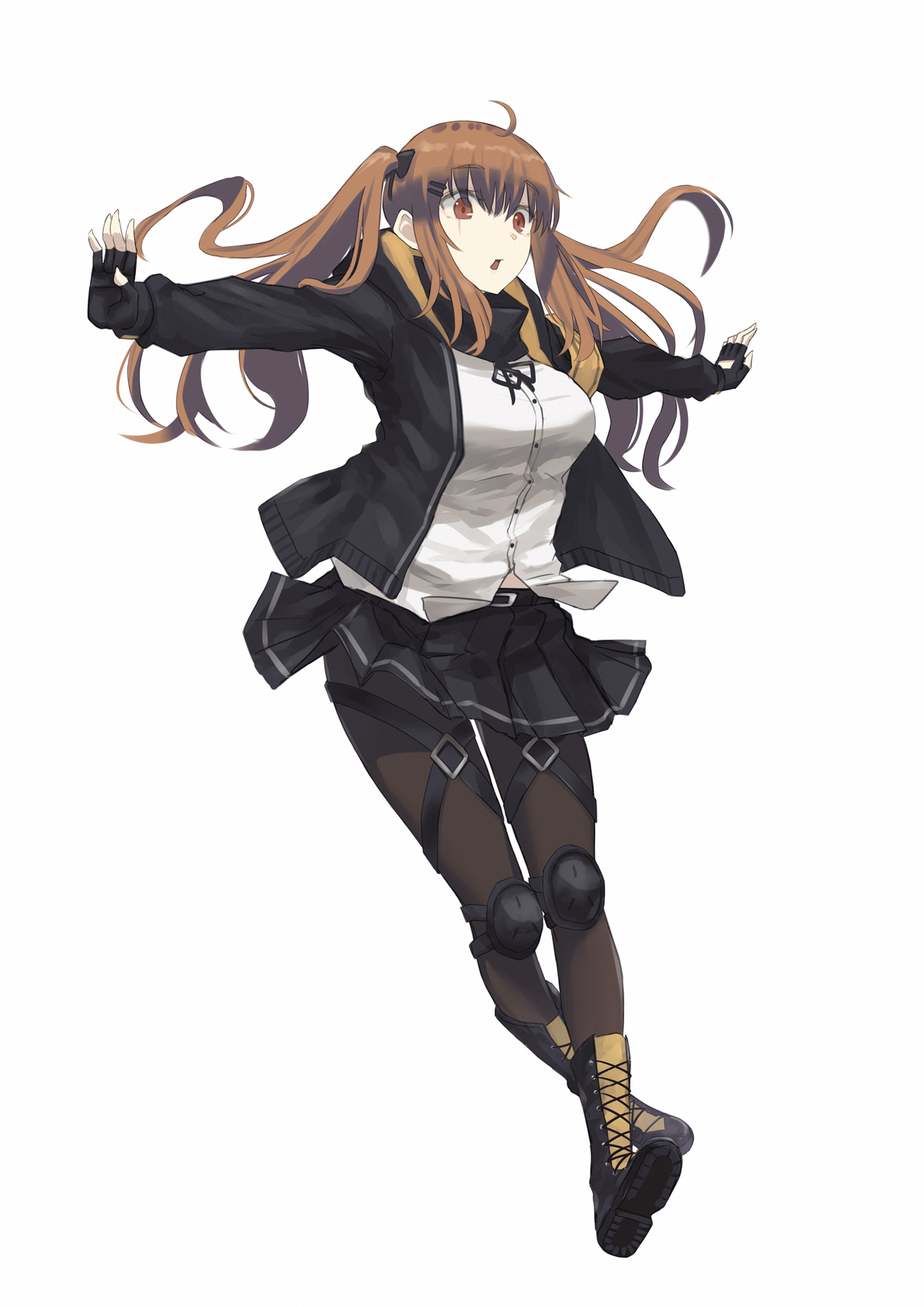 asakiri koko, ump9 (girls' frontline), girls' frontline, commentary request, highres, 1girl, ahoge, bandana, bandana around neck, belt, black belt, black boots, black gloves, black jacket, black pantyhose, black ribbon, black skirt, boots, breasts, brown hair, dress shirt, fingerless gloves, full body, gloves, hair ornament, hairclip, hood, hood down, hooded jacket, jacket, knee pads, long hair, medium breasts, neck ribbon, open clothes, open jacket, open mouth, outstretched arms, pantyhose, parallel hairclips, pleated skirt, red eyes, ribbon, scar, scar across eye, scar on face, shirt, sidelocks, simple background, skirt, solo, thigh strap, twintails, white background, white shirt