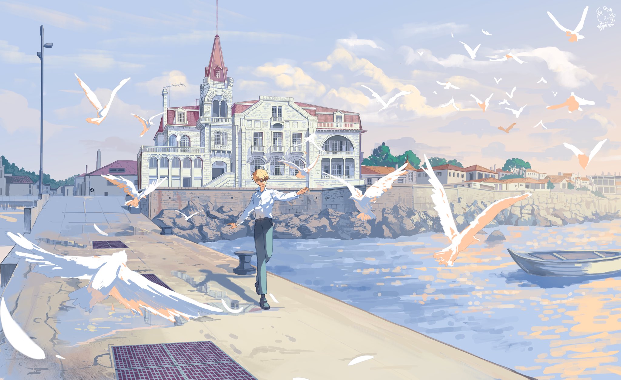 ryepe, original, highres, 1boy, bird, blonde hair, european architecture, full body, grate, long sleeves, male focus, outdoors, outstretched arms, rock, sewer grate, ship, shirt, short hair, sky, smile, solo, standing, standing on one leg, water, watercraft, white bird, white shirt
