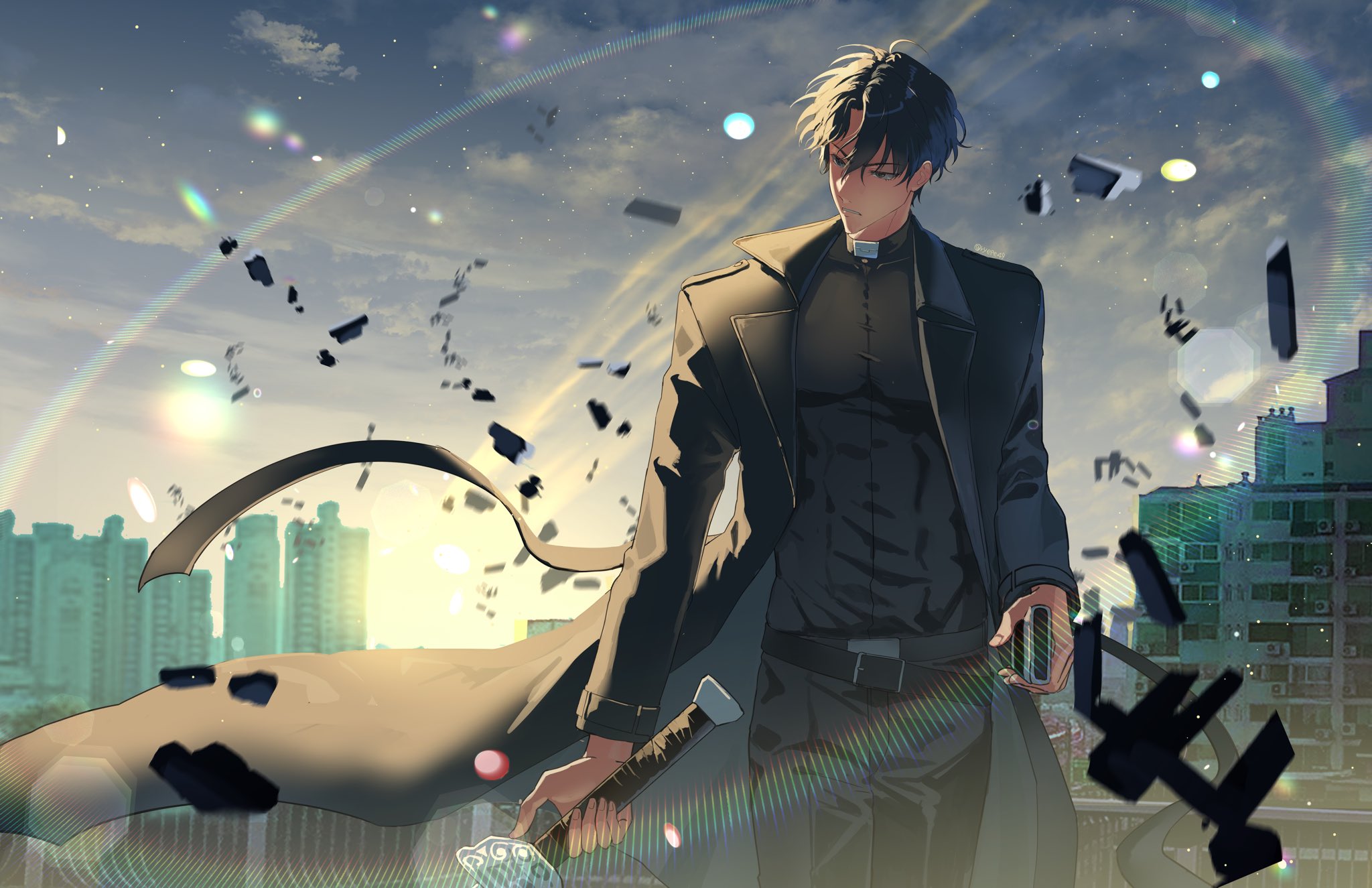 ryepe, yoo joonghyuk, omniscient reader's viewpoint, highres, 1boy, belt, black belt, black eyes, black hair, black shirt, building, coat, cowboy shot, debris, facing viewer, gradient sky, holding, holding sheath, holding sword, holding weapon, lens flare, light particles, long sleeves, looking to the side, male focus, open clothes, open coat, parted bangs, parted lips, sheath, shirt, short hair, sky, solo, sword, turtleneck, weapon