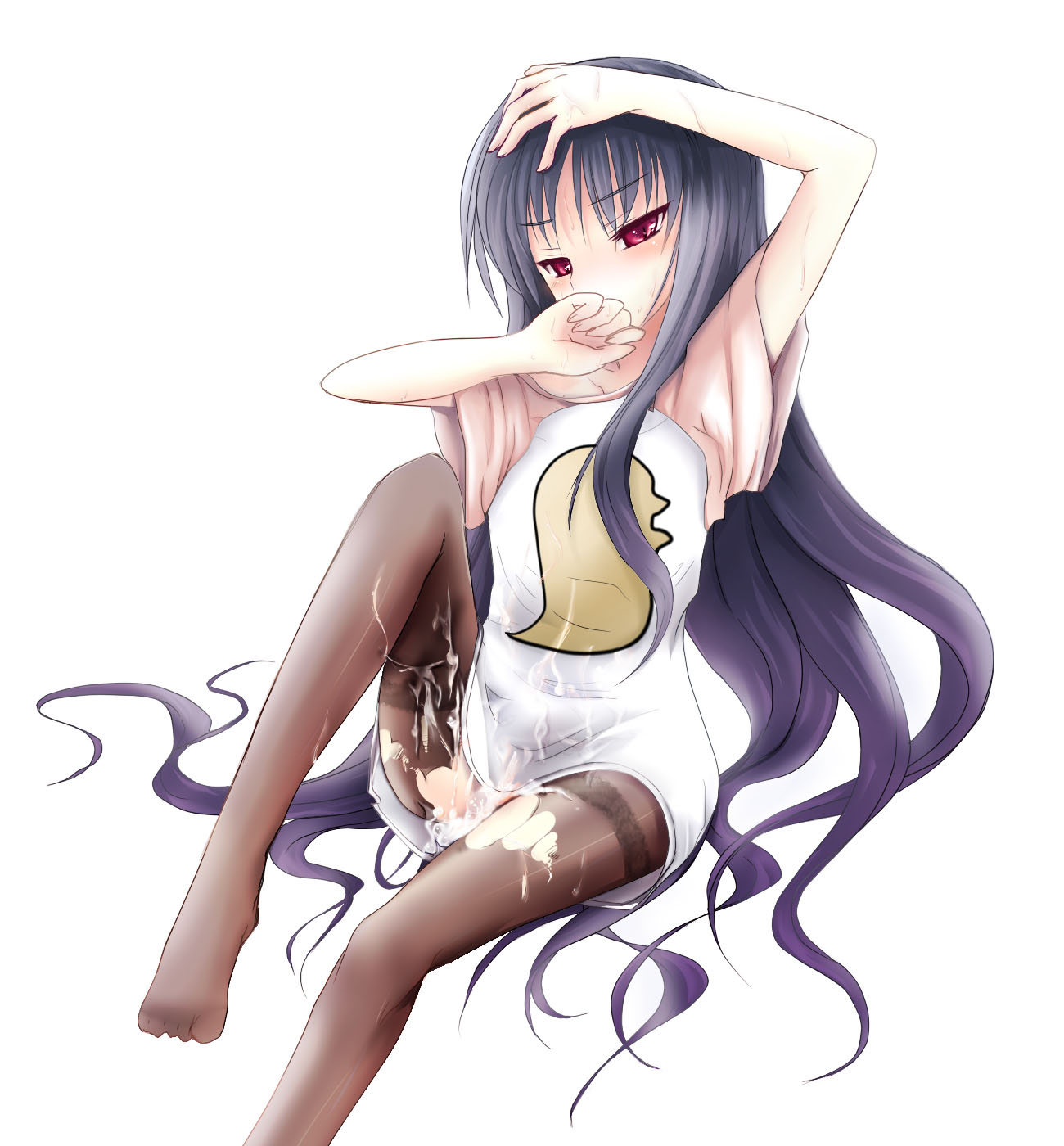 jakuri (ar tonelico), ar tonelico, ar tonelico ii, gust, bad id, bad pixiv id, highres, 00s, 1girl, aftersex, black hair, cum, cum pool, female focus, long hair, pantyhose, purple eyes, raglan sleeves, simple background, solo, torn clothes, torn pantyhose