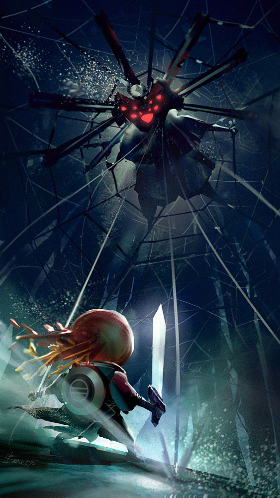 ben lo, 1other, bug, corruption, creature, dim lighting, dutch angle, floating cape, formal clothes, from below, helmet, holding, holding sword, holding weapon, imminent attack, knighthood, looking at another, onion (knighthood), outstretched arms, silk, spider, spider web, standing, suit, sword, too many eyes, weapon, webbing