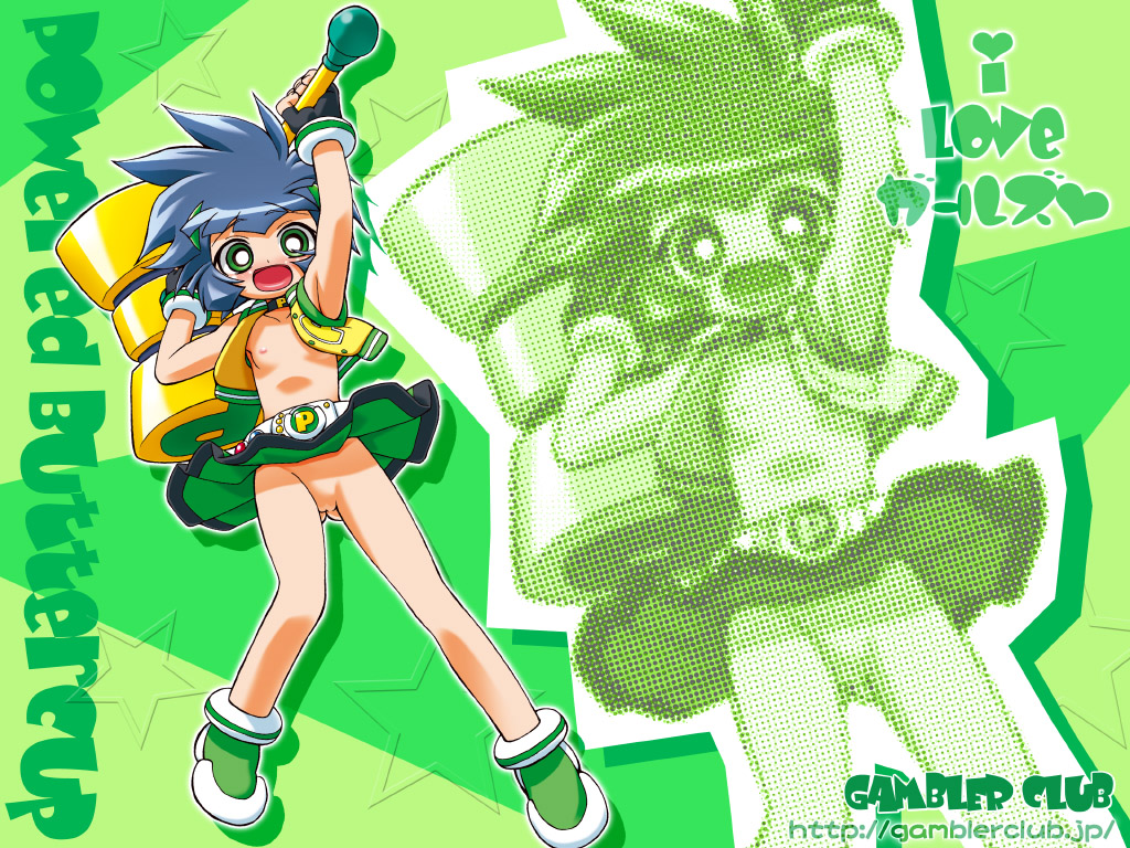 gambler club, matsubara kaoru, powered buttercup, powerpuff girls, powerpuff girls z, 00s, 1girl, black hair, breasts, censored, clothes lift, female focus, green eyes, nipples, no panties, skirt, skirt lift, small breasts, solo