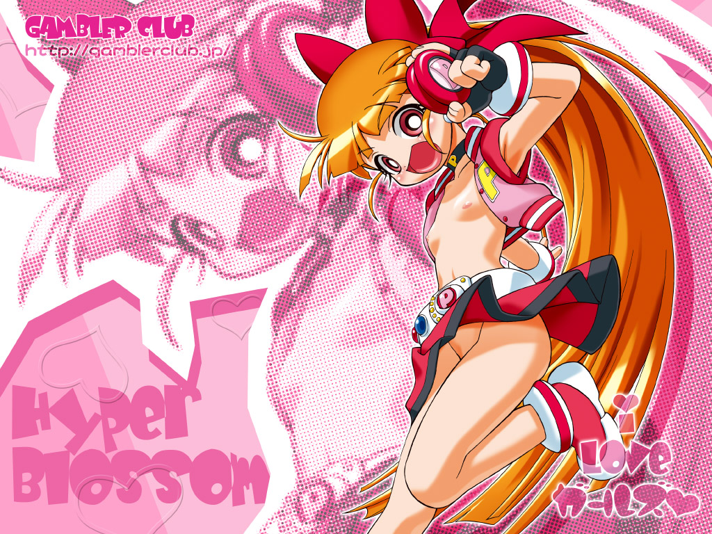 gambler club, akazutsumi momoko, hyper blossom, powerpuff girls, powerpuff girls z, 00s, 1girl, female focus, flat chest, gloves, nipples, no panties, open clothes, open shirt, orange hair, red eyes, ribbon, shirt, skirt, solo
