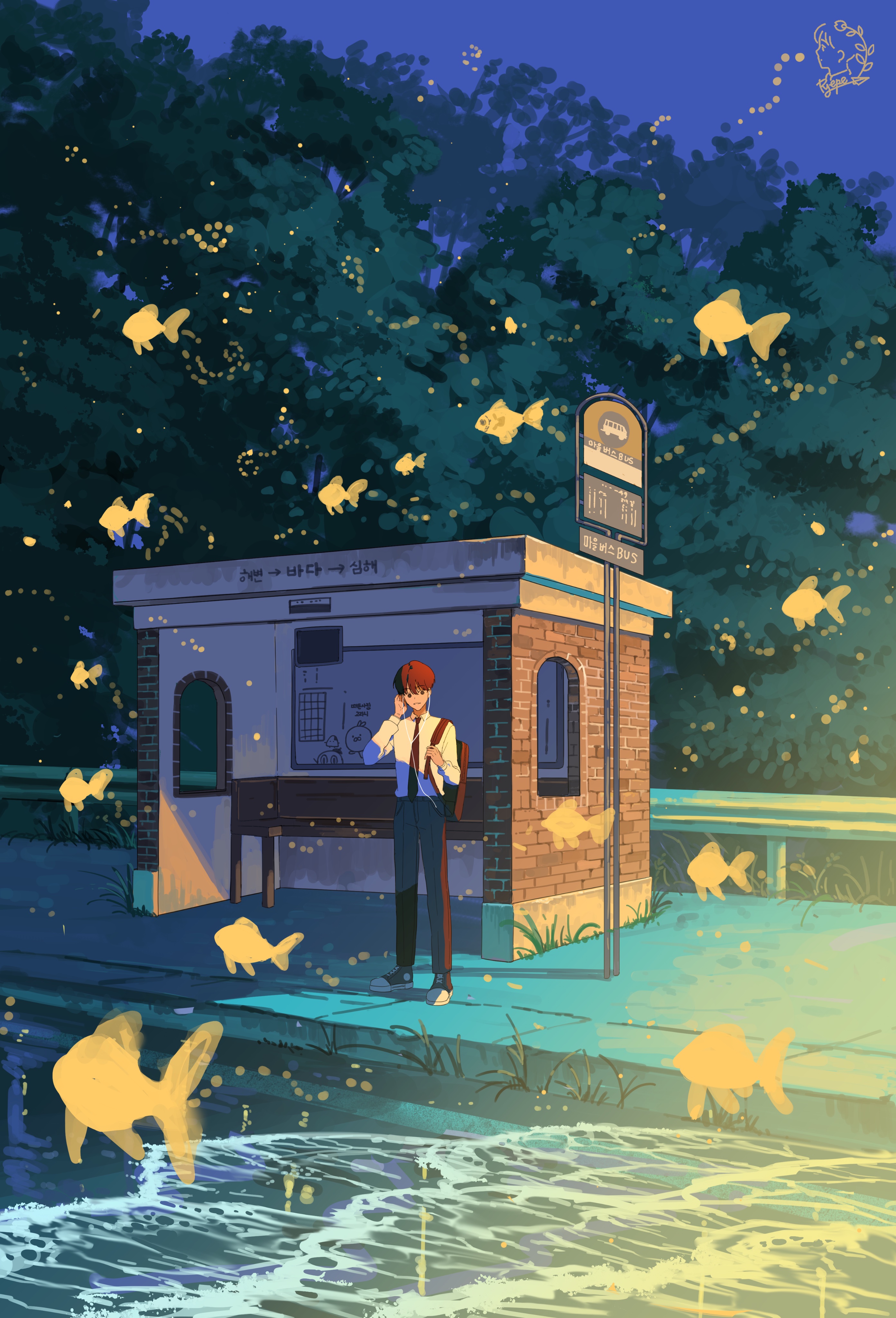 ryepe, original, absurdres, commentary, highres, korean commentary, 1boy, backpack, bag, blue sky, bus stop, bus stop sign, earbuds, earphones, fish, full body, glowing, hair between eyes, holding, holding bag, light particles, male focus, shirt, shirt tucked in, short hair, sidewalk, sky, solo, tree, water, white shirt