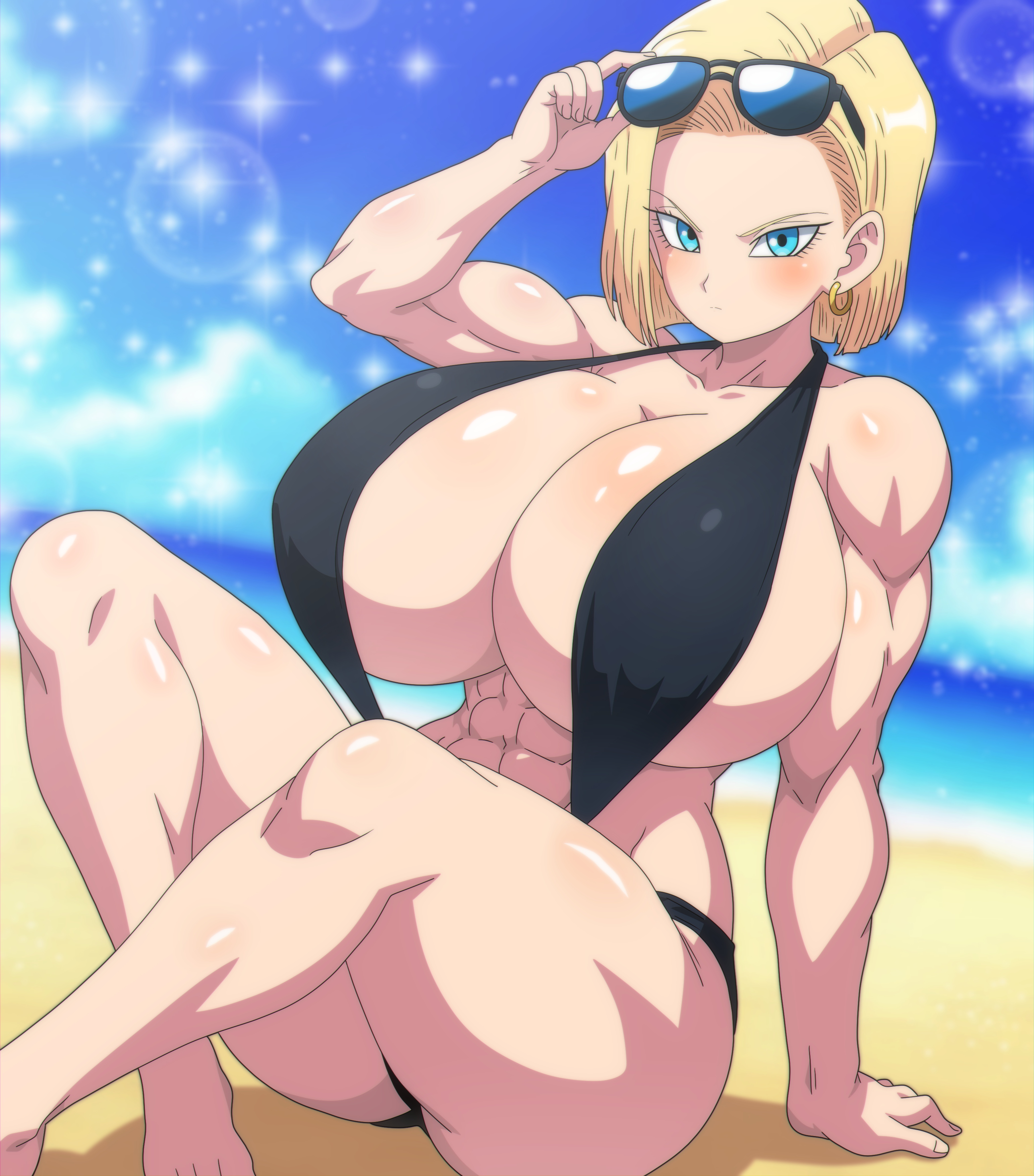 hitokiwa kenchin, android 18, dragon ball, dragonball z, absurdres, highres, 1girl, arm support, barefoot, beach, blonde hair, blue eyes, breasts, cleavage, earrings, female focus, huge breasts, jewelry, looking at viewer, muscular, muscular female, short hair, sitting, slingshot swimsuit, solo, sunglasses, swimsuit, thick thighs, thighs