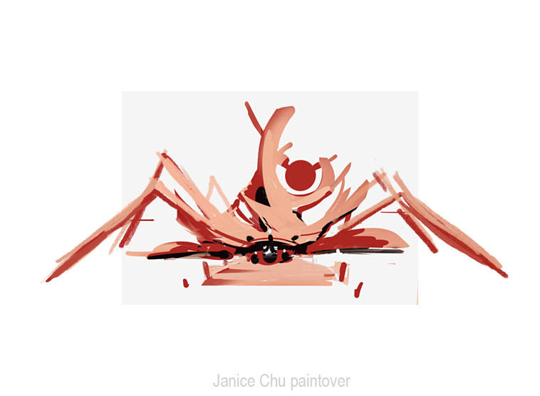 ben lo, concept art, animal print, arthropod limbs, border, building, grey background, knighthood, no humans, outside border, painterly, scenery, simple background, spider print, temple, white border