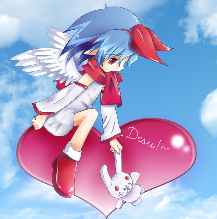 pleinair, usagi-san, disgaea, nippon ichi, original, 1girl, blue hair, female focus, hair ribbon, necktie, pointy ears, rabbit, red eyes, ribbon, solo, stuffed animal, stuffed rabbit, stuffed toy, wings