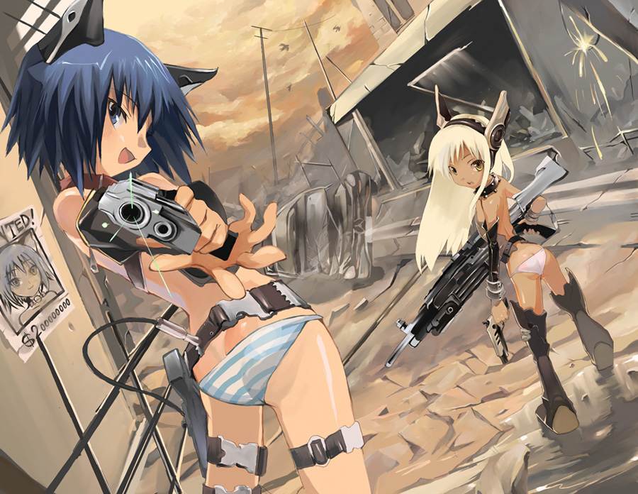shihira tatsuya, original, 2girls, animal ears, blonde hair, blue eyes, blue hair, boots, cat ears, dark-skinned female, dark skin, gun, long hair, mecha musume, multiple girls, panties, striped clothes, striped panties, underwear, weapon, white panties