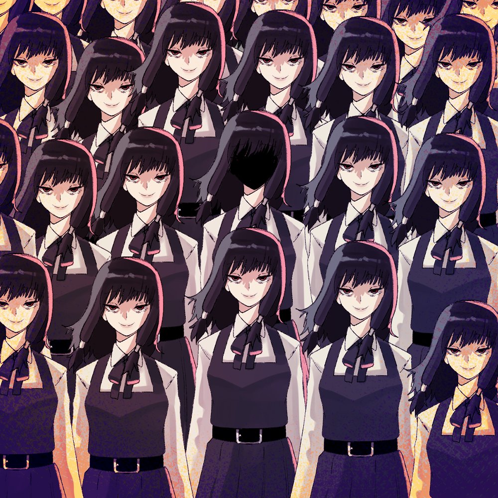 wanderjegson, mifune fumiko, chainsaw man, 1girl, black hair, clone, dress, faceless, fourth east high school uniform, long hair, looking at viewer, low-tied sidelocks, pinafore dress, school uniform, shaded face, sidelocks, sleeveless, sleeveless dress, smile