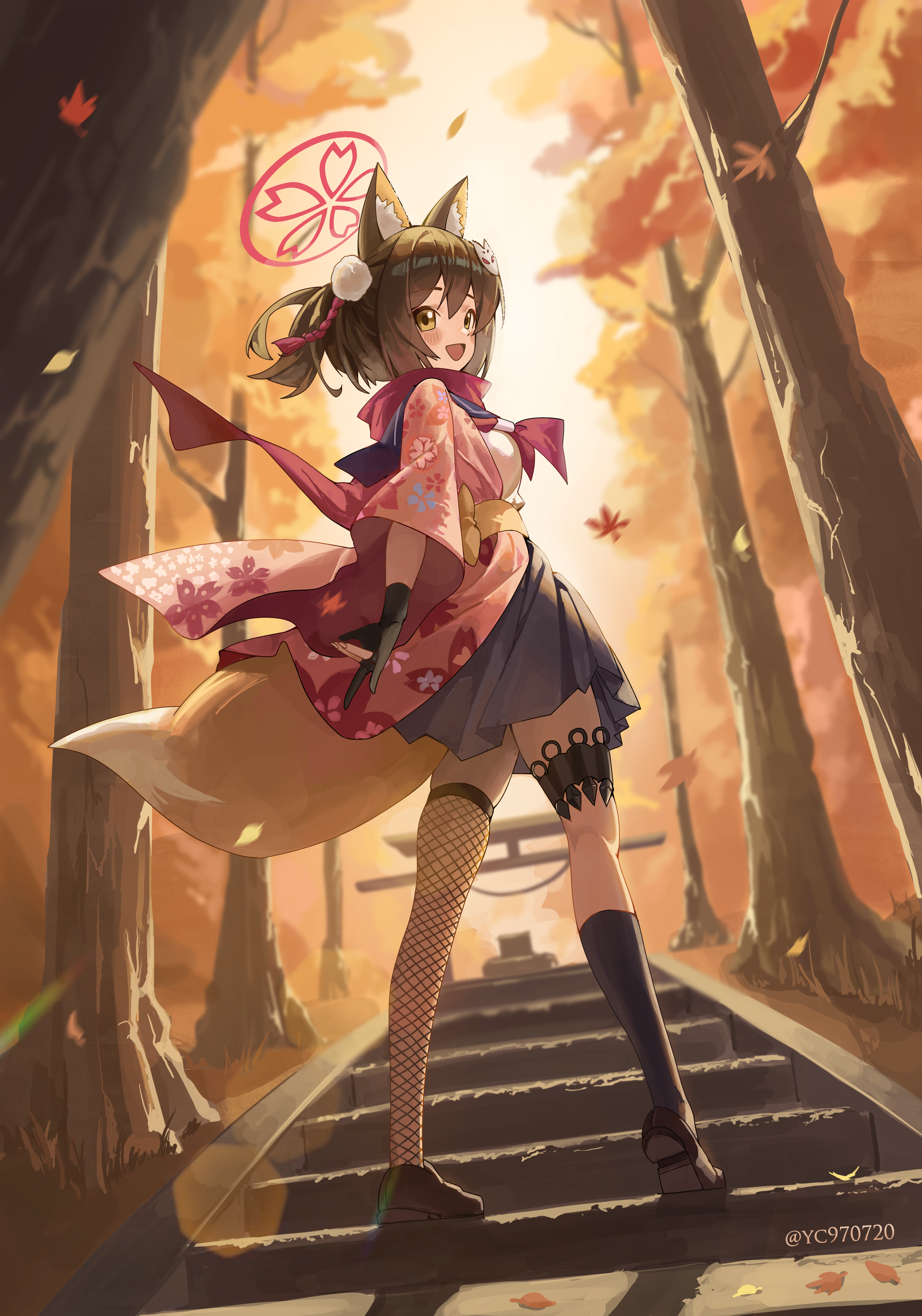 yc97, izuna (blue archive), blue archive, absurdres, highres, 1girl, animal ears, asymmetrical legwear, black gloves, black socks, black thighhighs, blue skirt, brown hair, fishnet thighhighs, fishnets, fox ears, fox girl, fox tail, gloves, halo, holster, japanese clothes, kneehighs, kunai, open mouth, outdoors, partially fingerless gloves, pink halo, single sock, single thighhigh, skirt, socks, solo, tail, thigh holster, thighhighs, weapon, yellow eyes