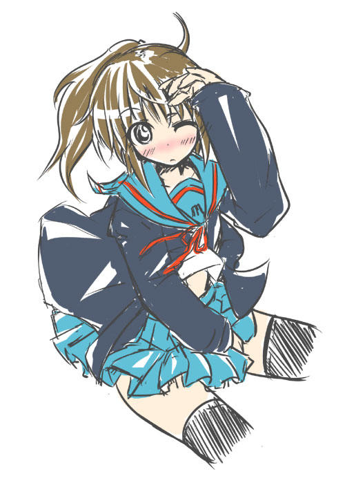 naegi (naegidokoro), kyonko, suzumiya haruhi no yuuutsu, 00s, 1girl, blush, female focus, genderswap, genderswap (mtf), ponytail, school uniform, serafuku, solo, thighhighs