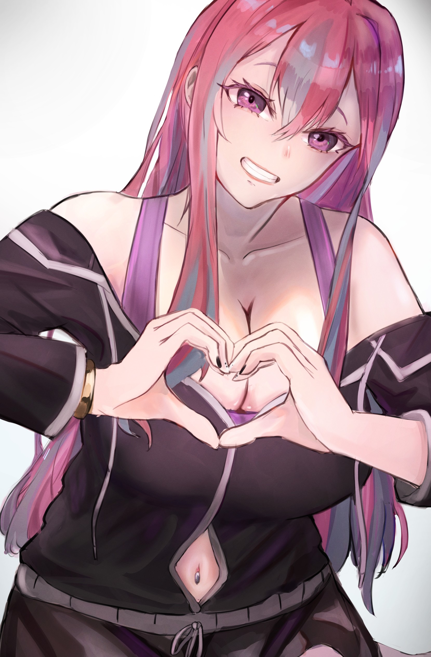 bremerton (azur lane), bremerton (relaxation consultation) (azur lane), azur lane, absurdres, commentary request, highres, 1girl, appa jp, bare shoulders, black nails, breasts, cleavage, grey streaks, grin, hair down, heart, heart hands, huge breasts, long hair, looking at viewer, mole, mole under eye, multicolored hair, nail polish, navel piercing, official alternate costume, official alternate hairstyle, piercing, pink eyes, pink hair, purple tank top, simple background, smile, streaked hair, tank top, two-tone hair, white background