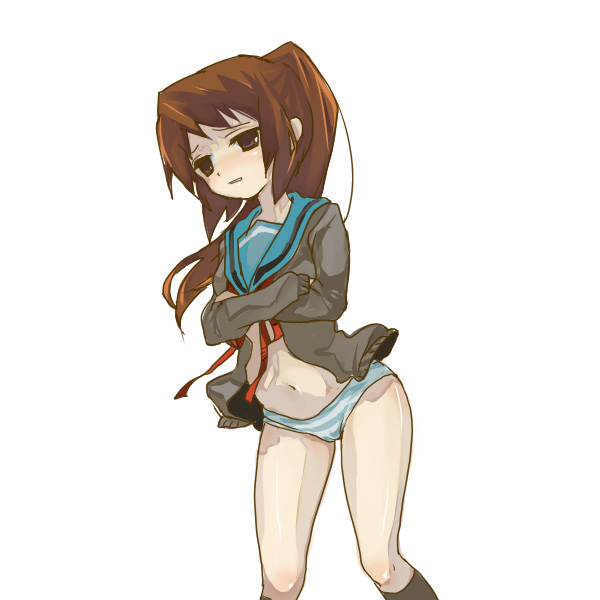 gm, kyonko, suzumiya haruhi no yuuutsu, bad id, bad pixiv id, gender request, 00s, 1girl, brown eyes, brown hair, cardigan, crossed arms, embarrassed, female focus, genderswap, long hair, no pants, panties, ponytail, school uniform, serafuku, simple background, solo, striped clothes, striped panties, underwear, white background