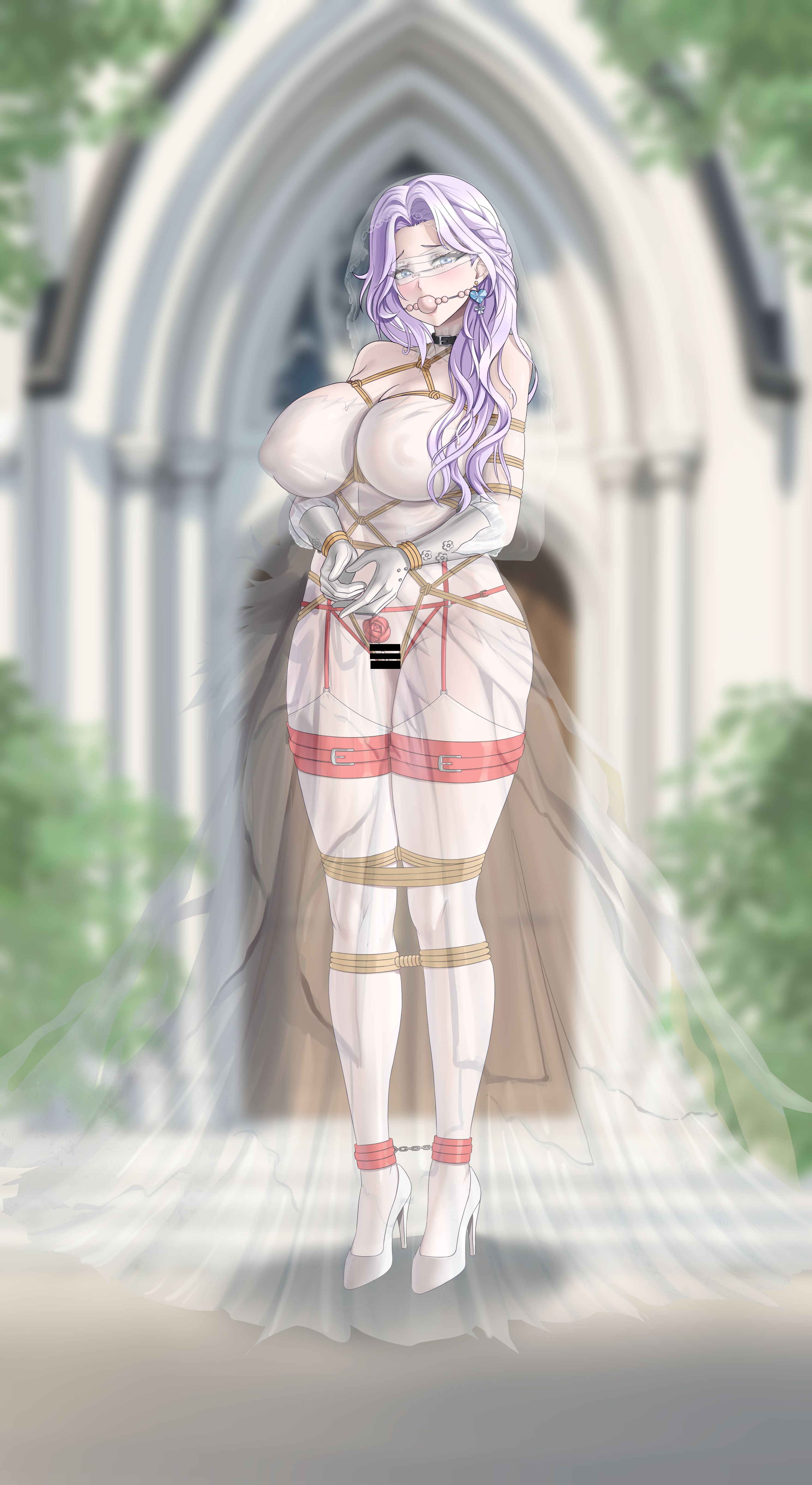 yukumo no ki, absurdres, copyright request, highres, 1girl, ball gag, bdsm, bondage, bound, bound wrists, bridal veil, bride, dress, elbow gloves, flower, gag, gagged, gloves, long hair, neglect play, purple hair, restrained, rope, rose, shibari, shibari over clothes, stationary restraints, stealth bondage, strapless, strapless dress, veil, wedding, wedding dress, white dress