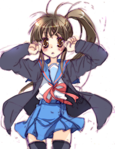 kyonko, suzumiya haruhi no yuuutsu, lowres, 00s, 1girl, blush, female focus, genderswap, genderswap (mtf), ponytail, school uniform, serafuku, solo, thighhighs
