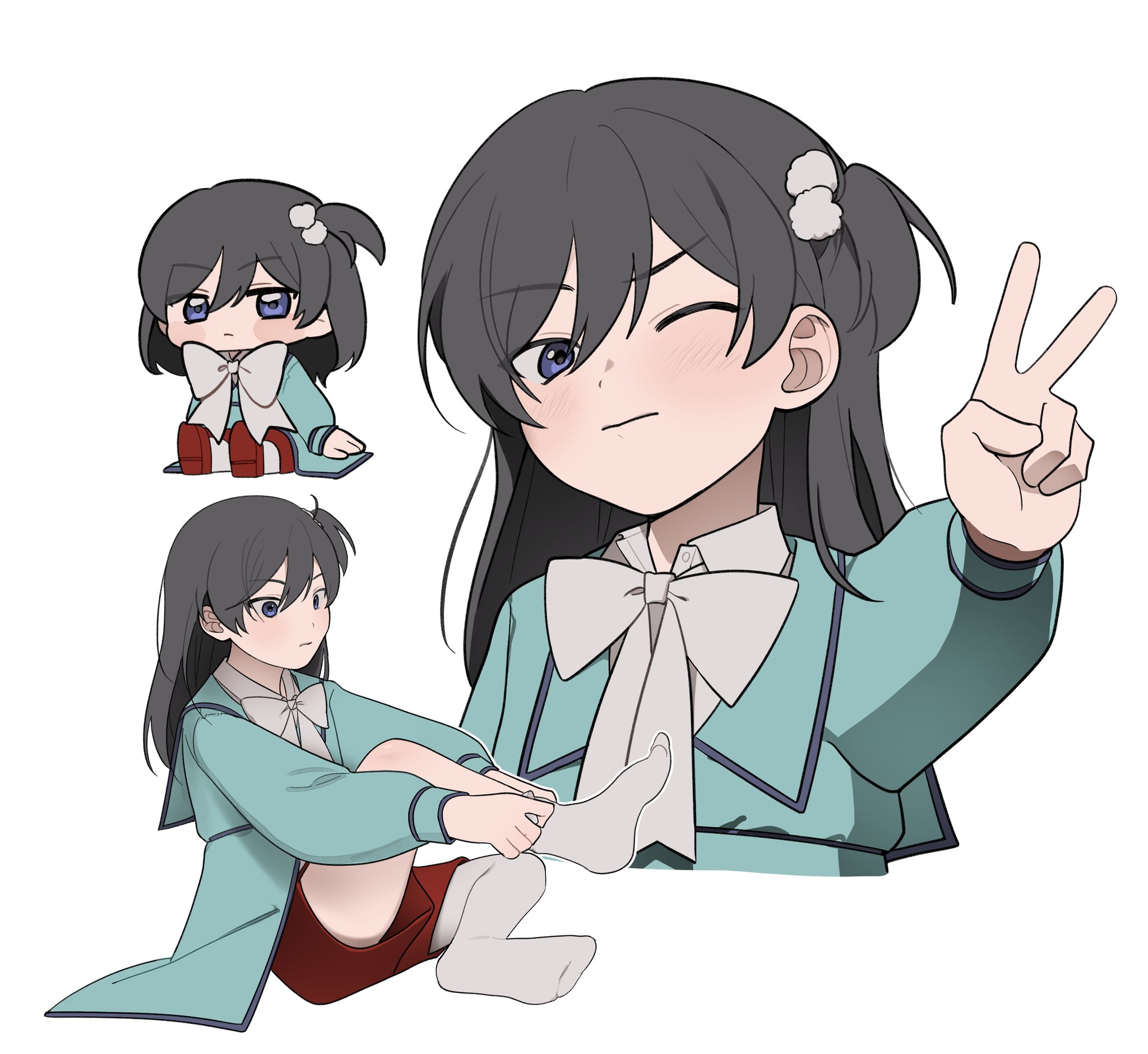hidaka hokuto, ensemble stars!, commentary, highres, korean commentary, 1boy, adjusting sock, aqua shirt, bbahot, black hair, blue eyes, bow, bowtie, chibi, chibi inset, closed mouth, crossdressing, crossdressing (mtf), full body, hair between eyes, half updo, long hair, long sleeves, multiple views, one eye closed, outstretched arm, red shorts, shirt, shorts, simple background, socks, upper body, v, white background, white bow, white bowtie, white socks