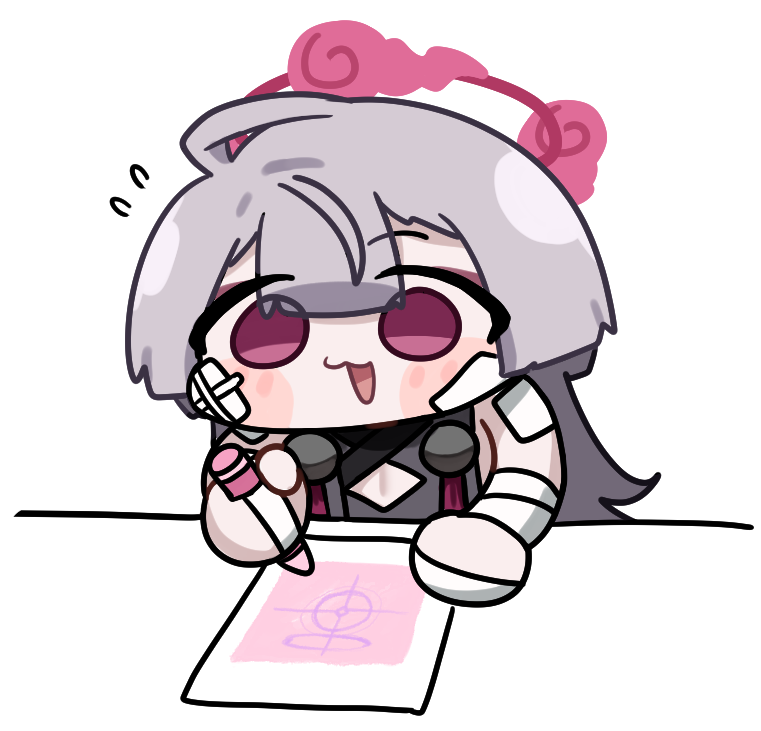 shuro (blue archive), blue archive, 1girl, bandaged arm, bandages, gameplay mechanics, gauze, gauze on cheek, grey hair, halo, leviathan lvat, long hair, open mouth, pen, recruitment (blue archive), red eyes, red halo, writing